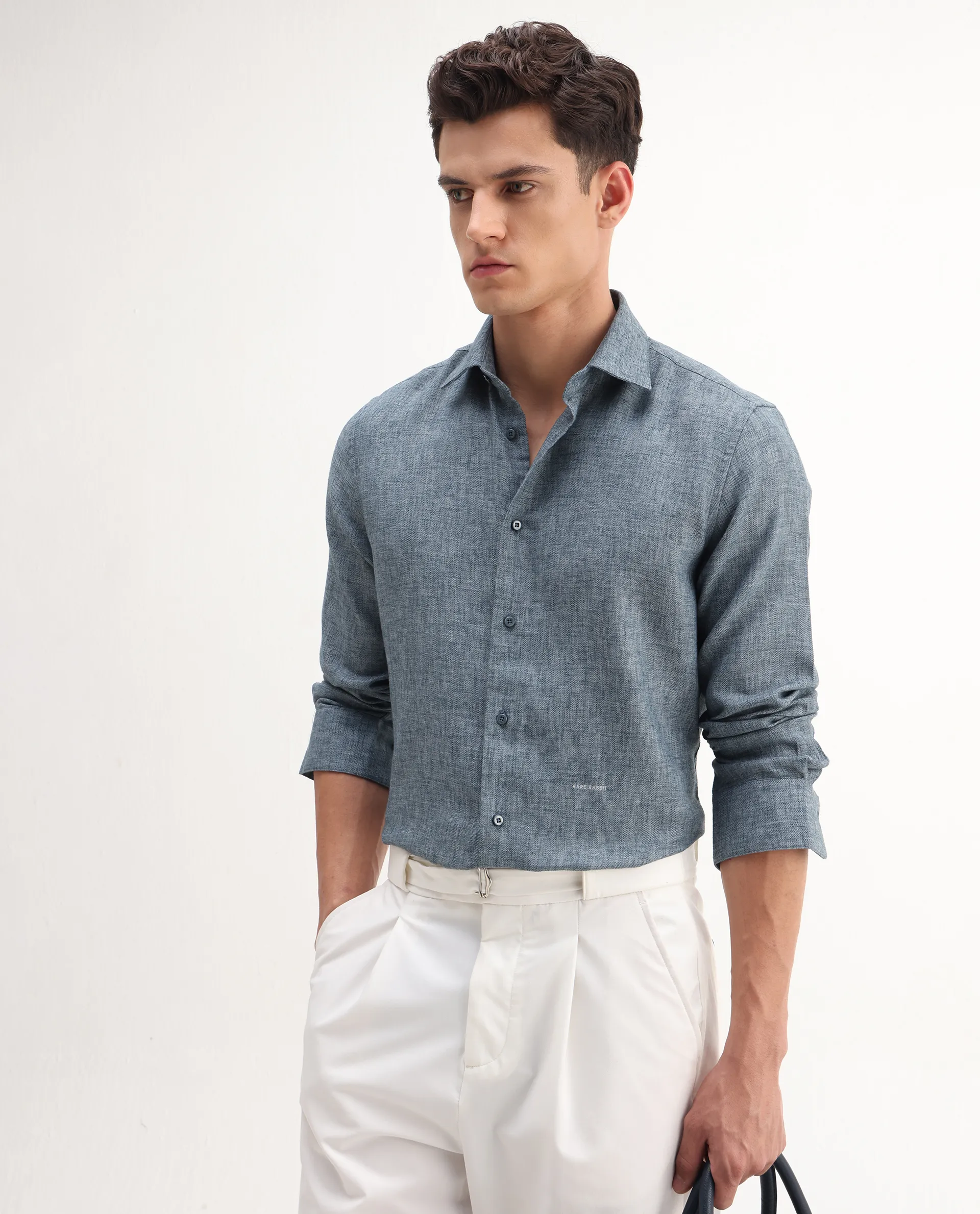 Rare Rabbit Men's Rome-Fs Dusky Blue Polyester Plain Regular Fit Full Sleeve Collared Shirt