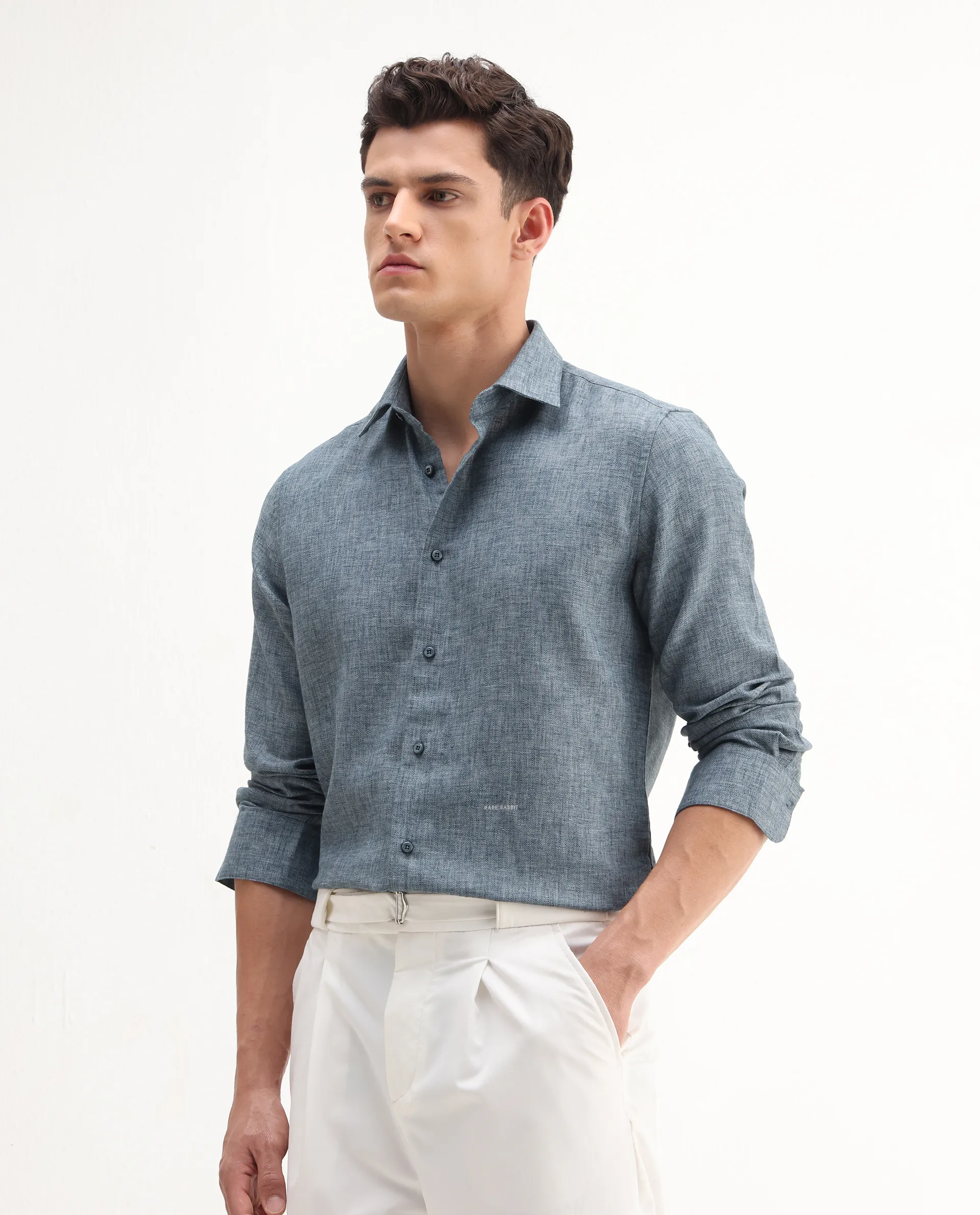 Rare Rabbit Men's Rome-Fs Dusky Blue Polyester Plain Regular Fit Full Sleeve Collared Shirt - Image 4