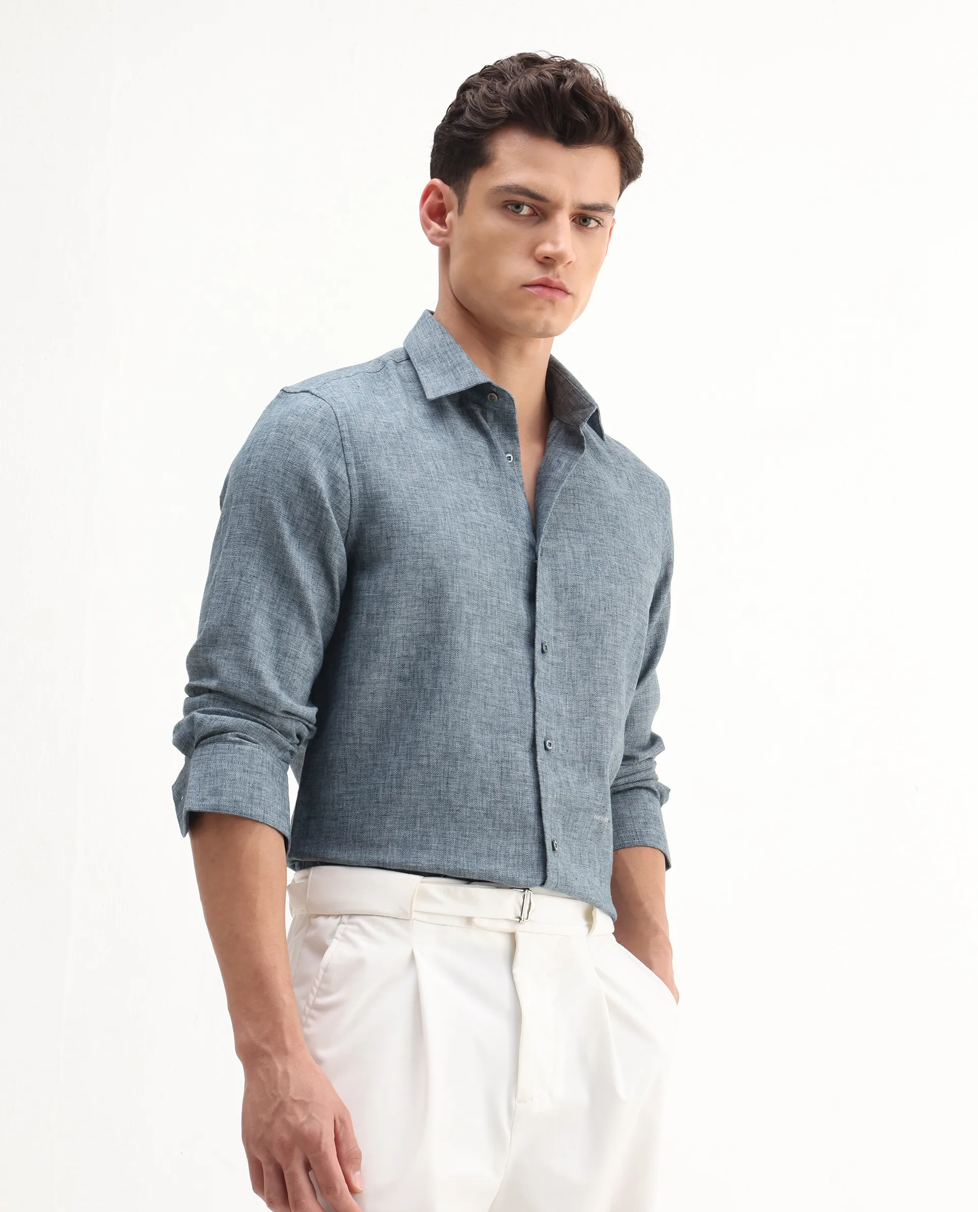 Rare Rabbit Men's Rome-Fs Dusky Blue Polyester Plain Regular Fit Full Sleeve Collared Shirt - Image 5