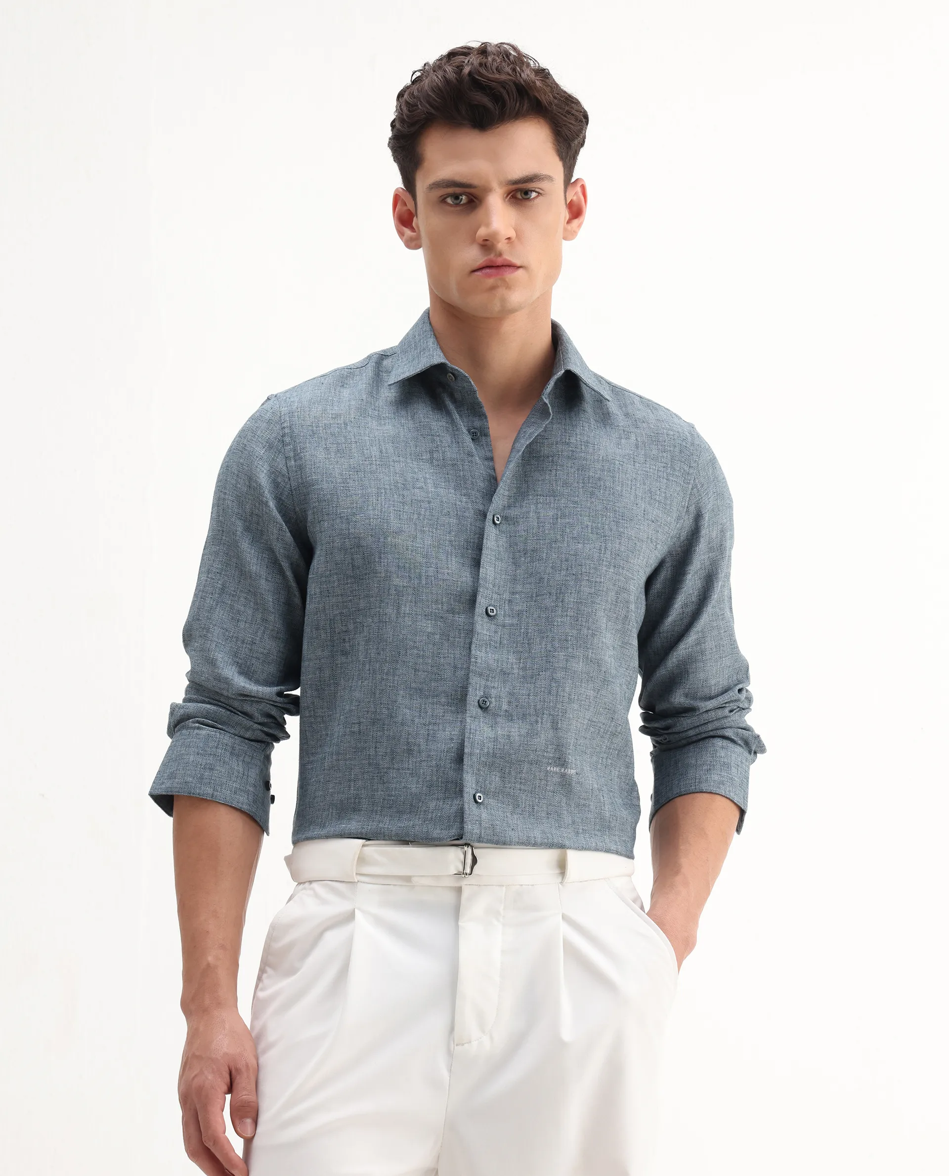 Rare Rabbit Men's Rome-Fs Dusky Blue Polyester Plain Regular Fit Full Sleeve Collared Shirt - Image 6