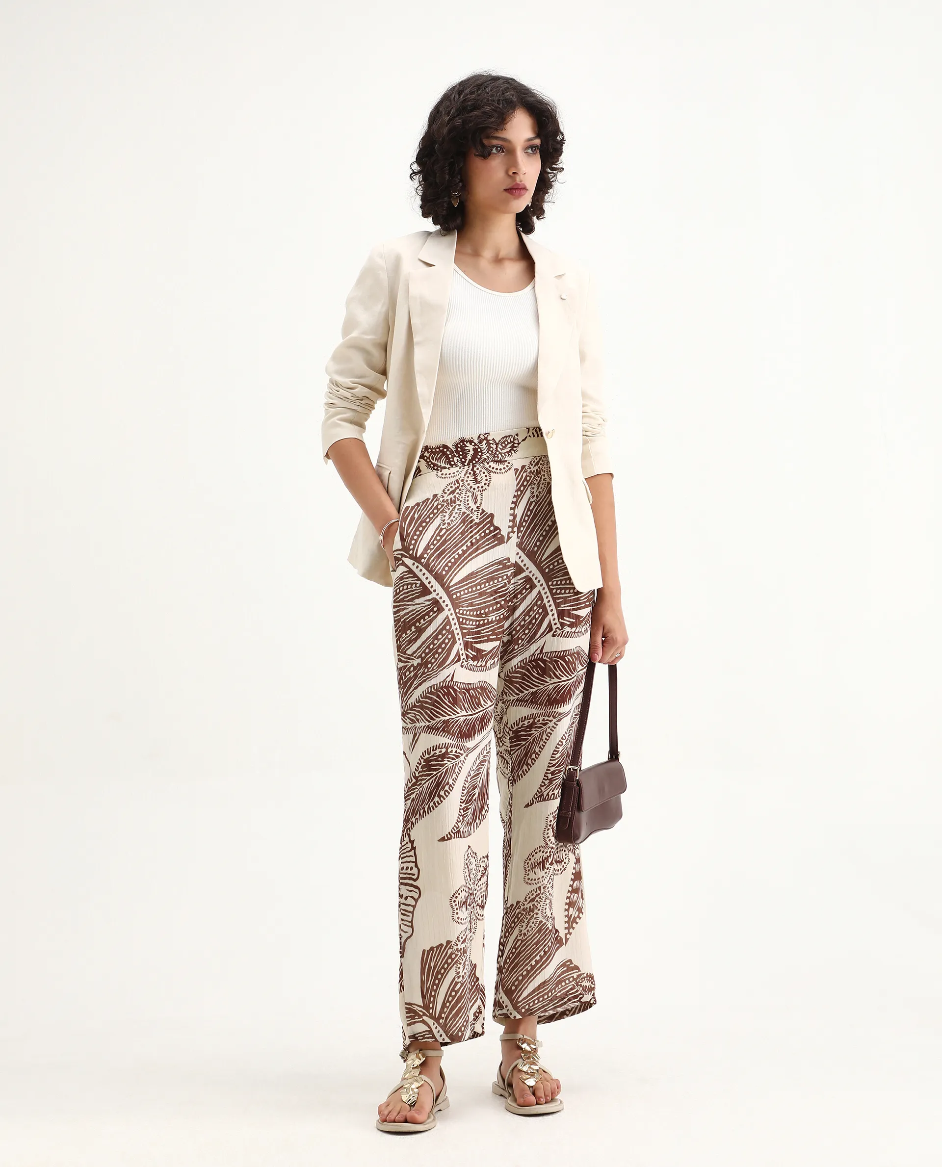 Rareism Women's Ron B Dark Beige Polyester Floral Print Ankle Length Straight Fit Trouser