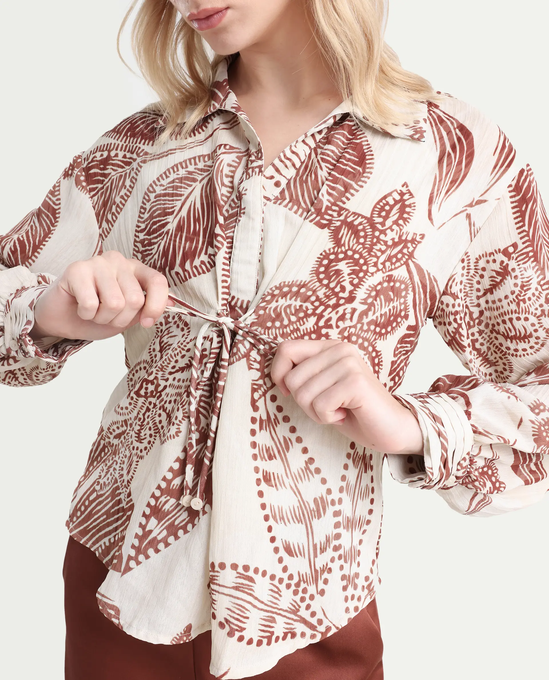 Rareism Women's Ron T Beige Polyester Spread Collar Floral Print Bishop Sleeve Relaxed Fit Top