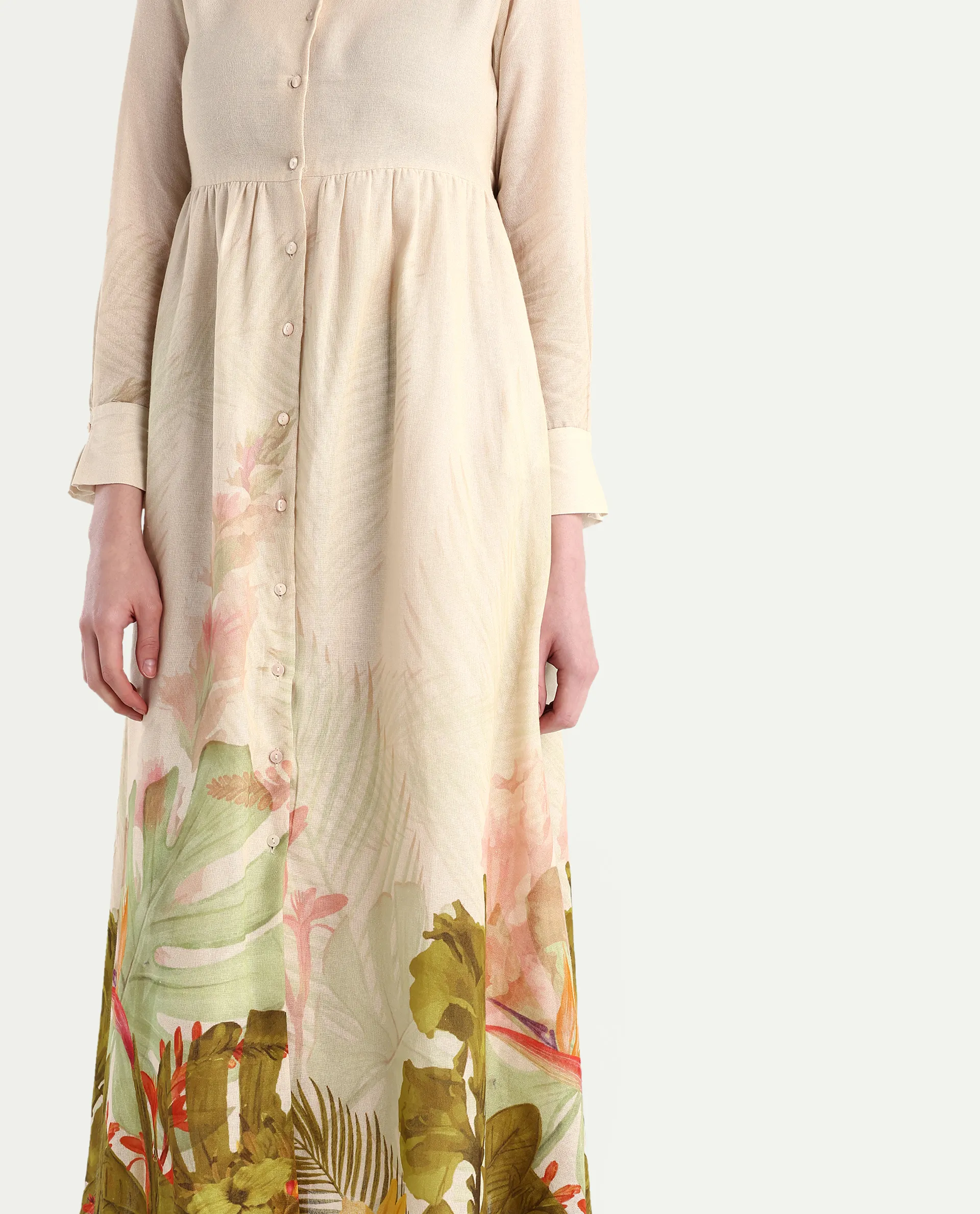Rareism Women's Ronai Off White Cotton Spread Collar Tropical Print Cuffed Sleeve Maxi Flared Dress - Image 3