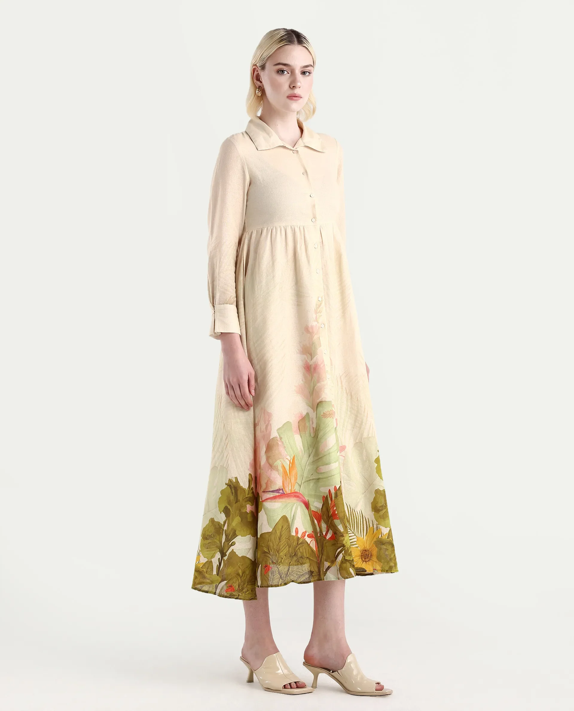 Rareism Women's Ronai Off White Cotton Spread Collar Tropical Print Cuffed Sleeve Maxi Flared Dress - Image 5