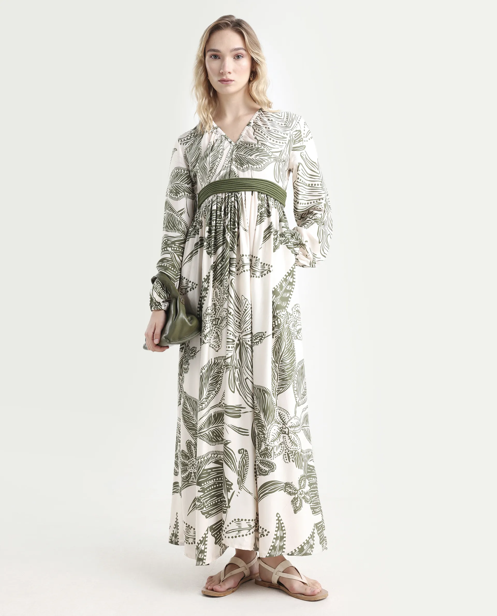 Rareism Women's Ronap Beige Modal V-Neck Floral Print Bishop Sleeve Maxi Fit And Flare Dress - Image 2
