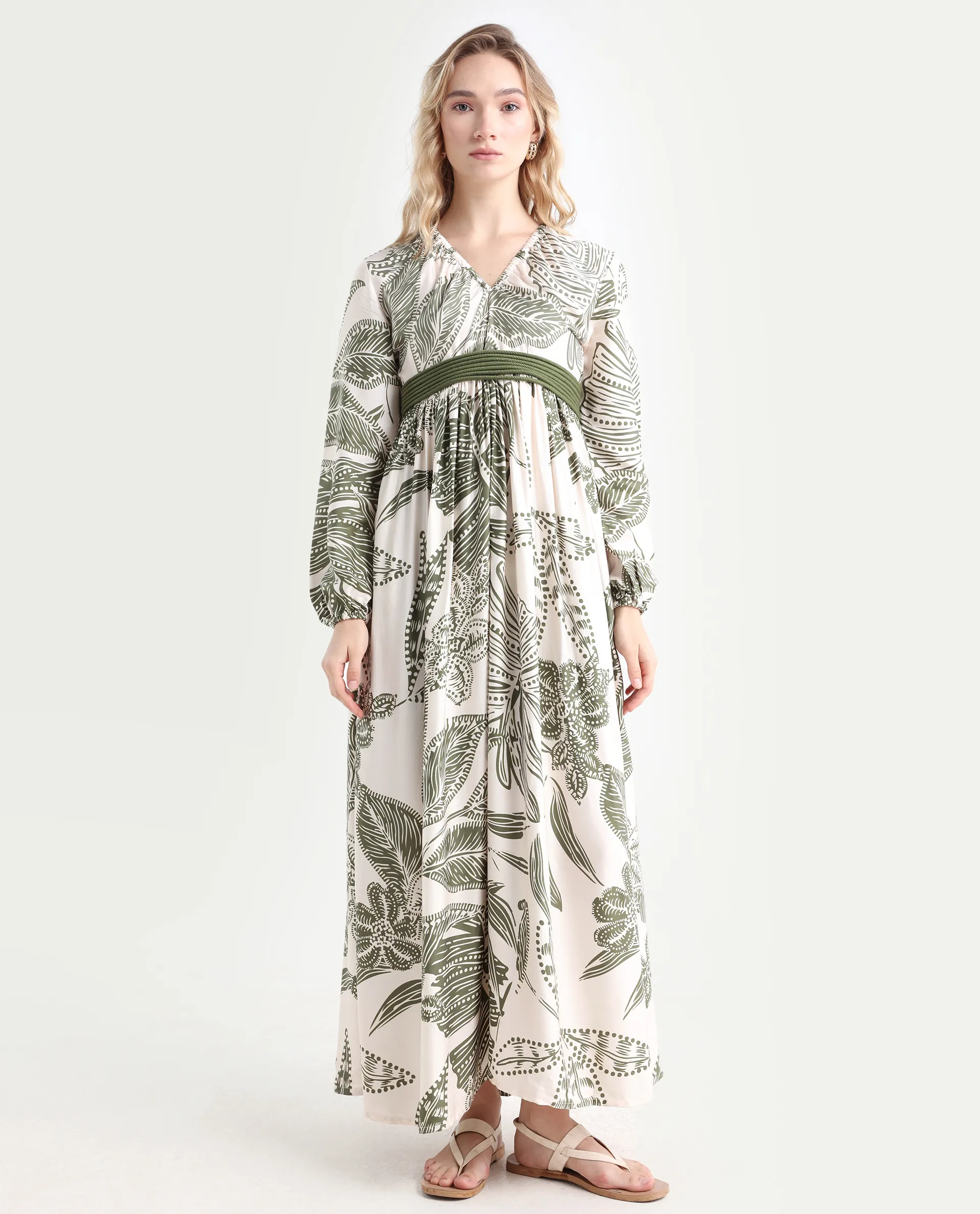Rareism Women's Ronap Beige Modal V-Neck Floral Print Bishop Sleeve Maxi Fit And Flare Dress - Image 3