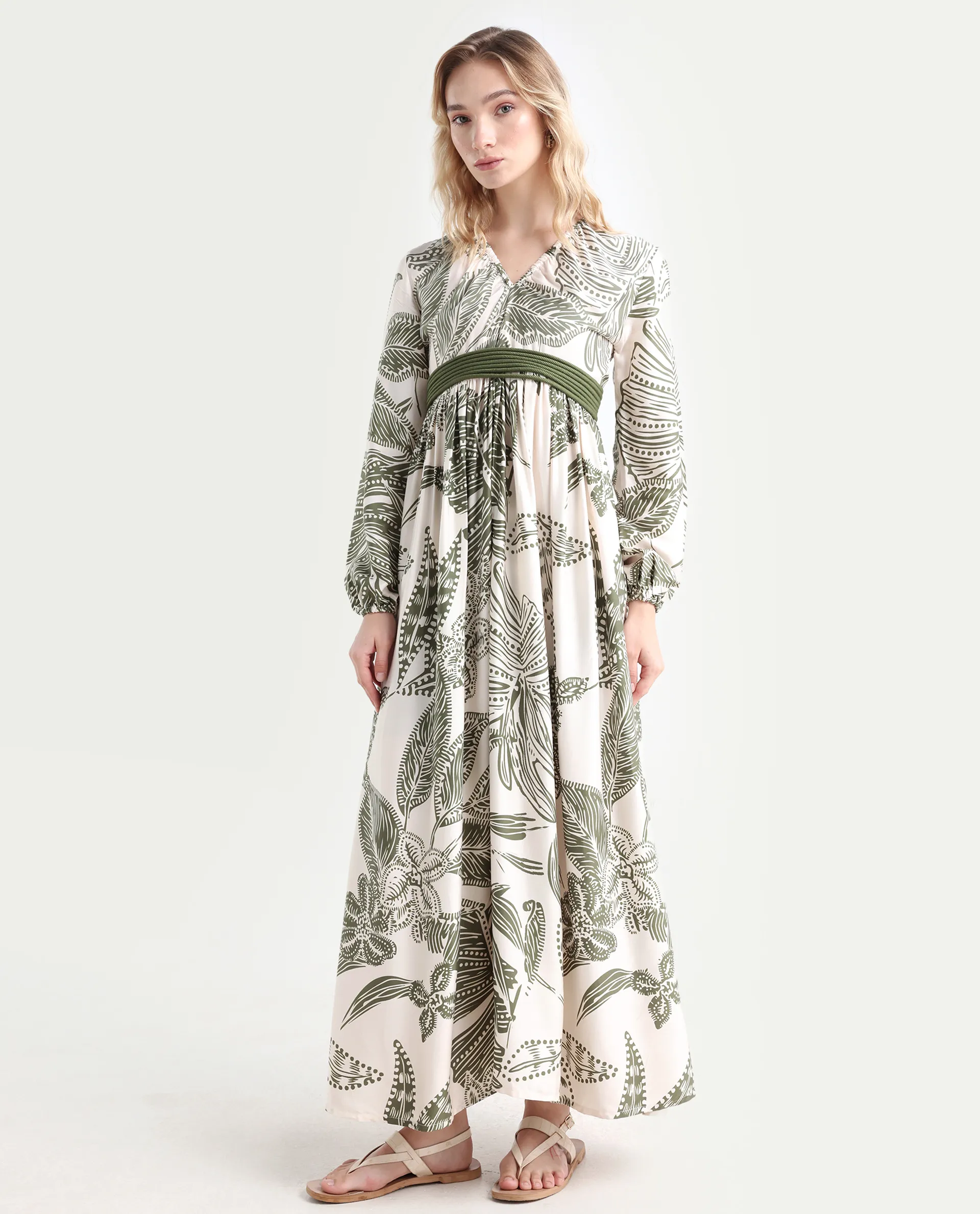 Rareism Women's Ronap Beige Modal V-Neck Floral Print Bishop Sleeve Maxi Fit And Flare Dress - Image 5