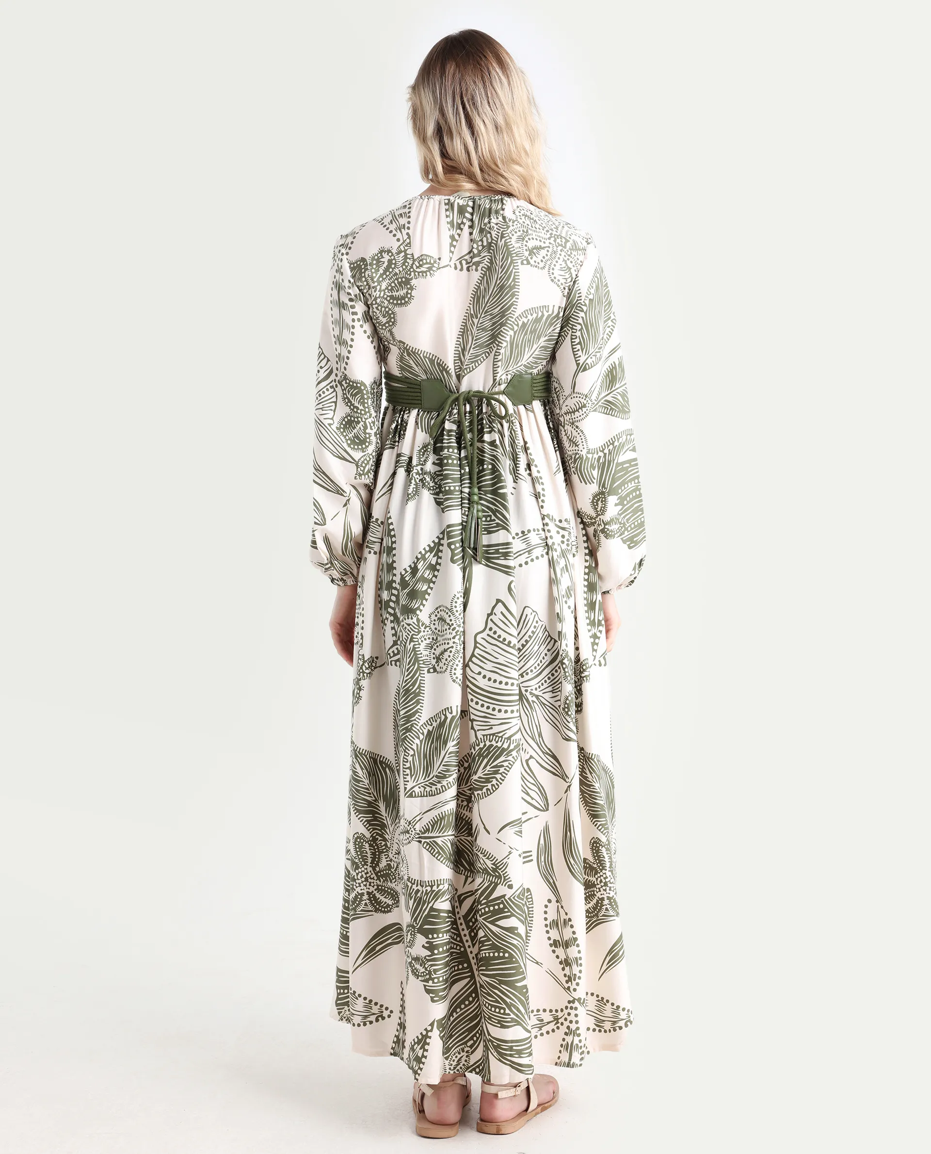 Rareism Women's Ronap Beige Modal V-Neck Floral Print Bishop Sleeve Maxi Fit And Flare Dress - Image 7
