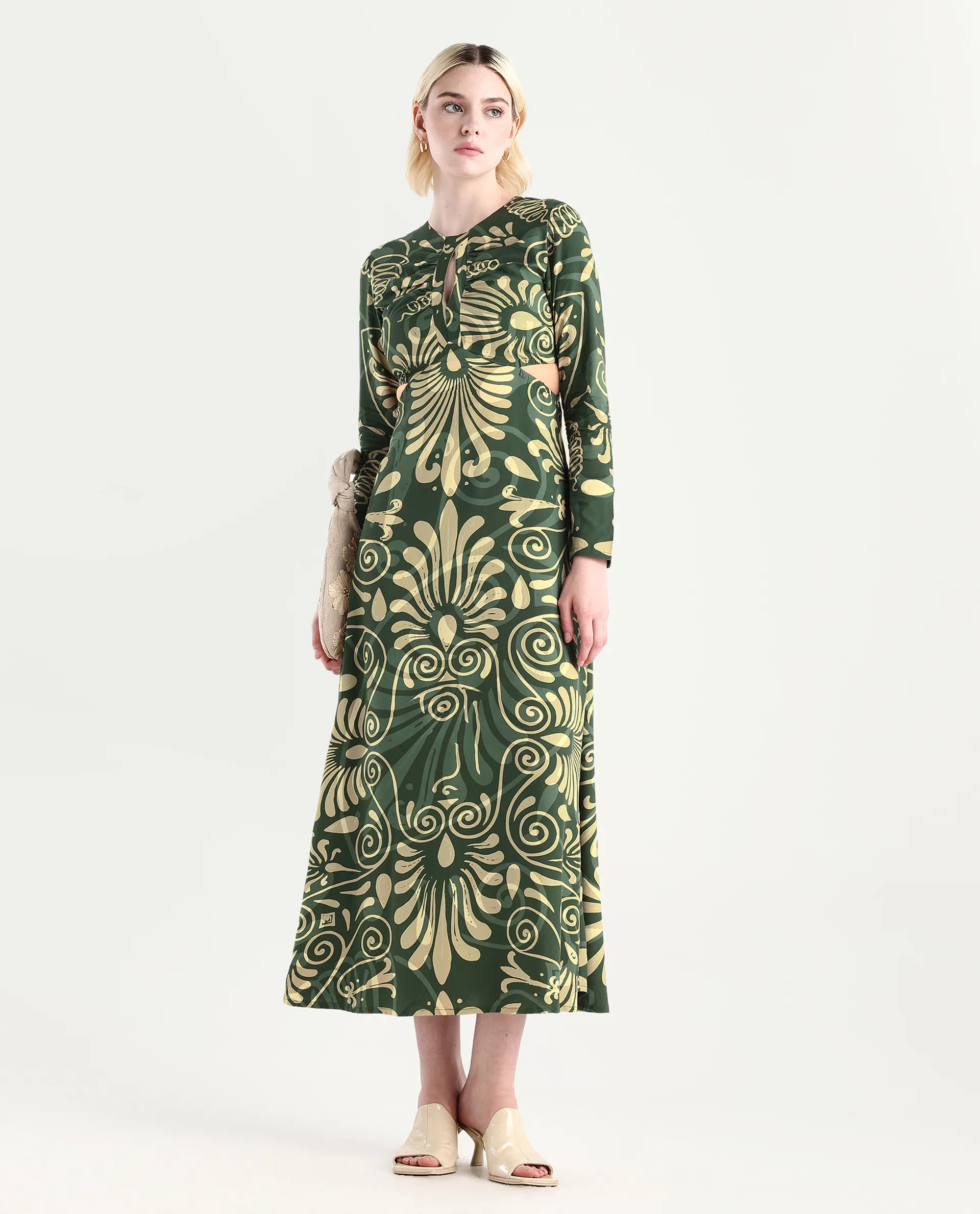 Rareism Women's Ronaz Green Viscose Round Neck Ornamental Print Maxi Fit And Flare Dress