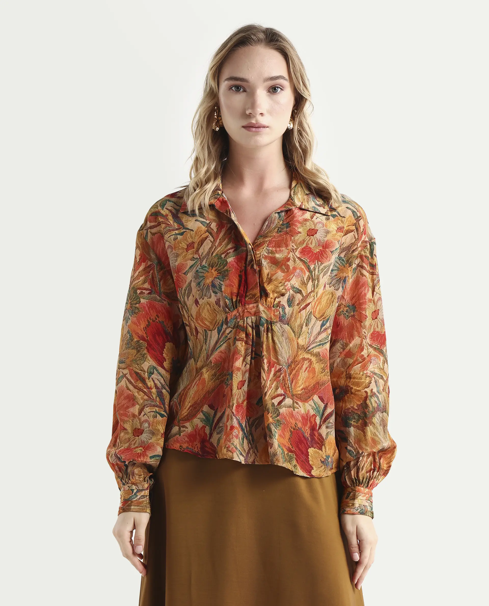 Rareism Women's Ronib Multi Viscose Blend Collared Floral Print Bishop Sleeve Relaxed Fit Top - Image 3