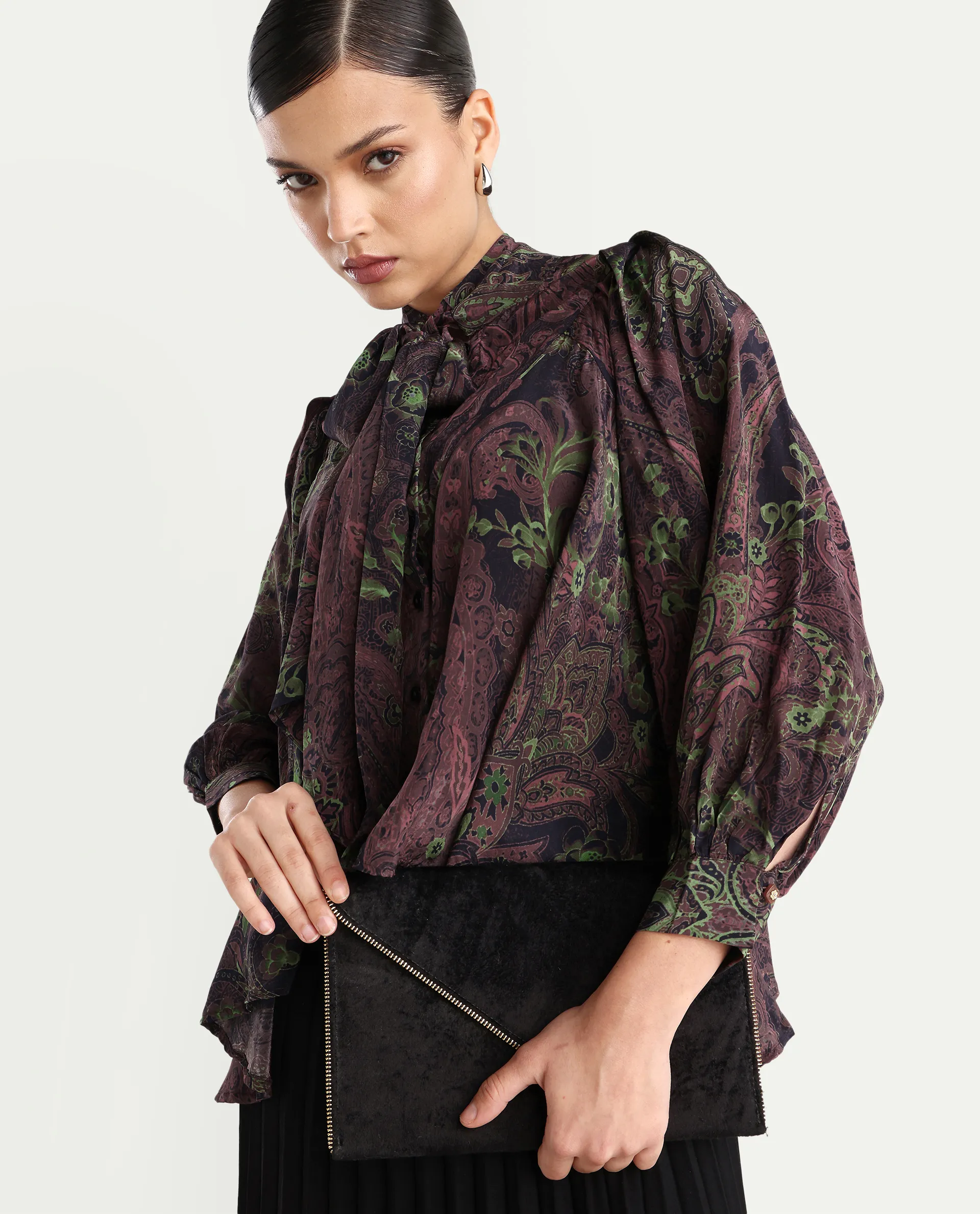 Rareism Women's Ronix Multi Viscose Tie-Up Neck Paisley Print Bishop Sleeve Relaxed Fit Top