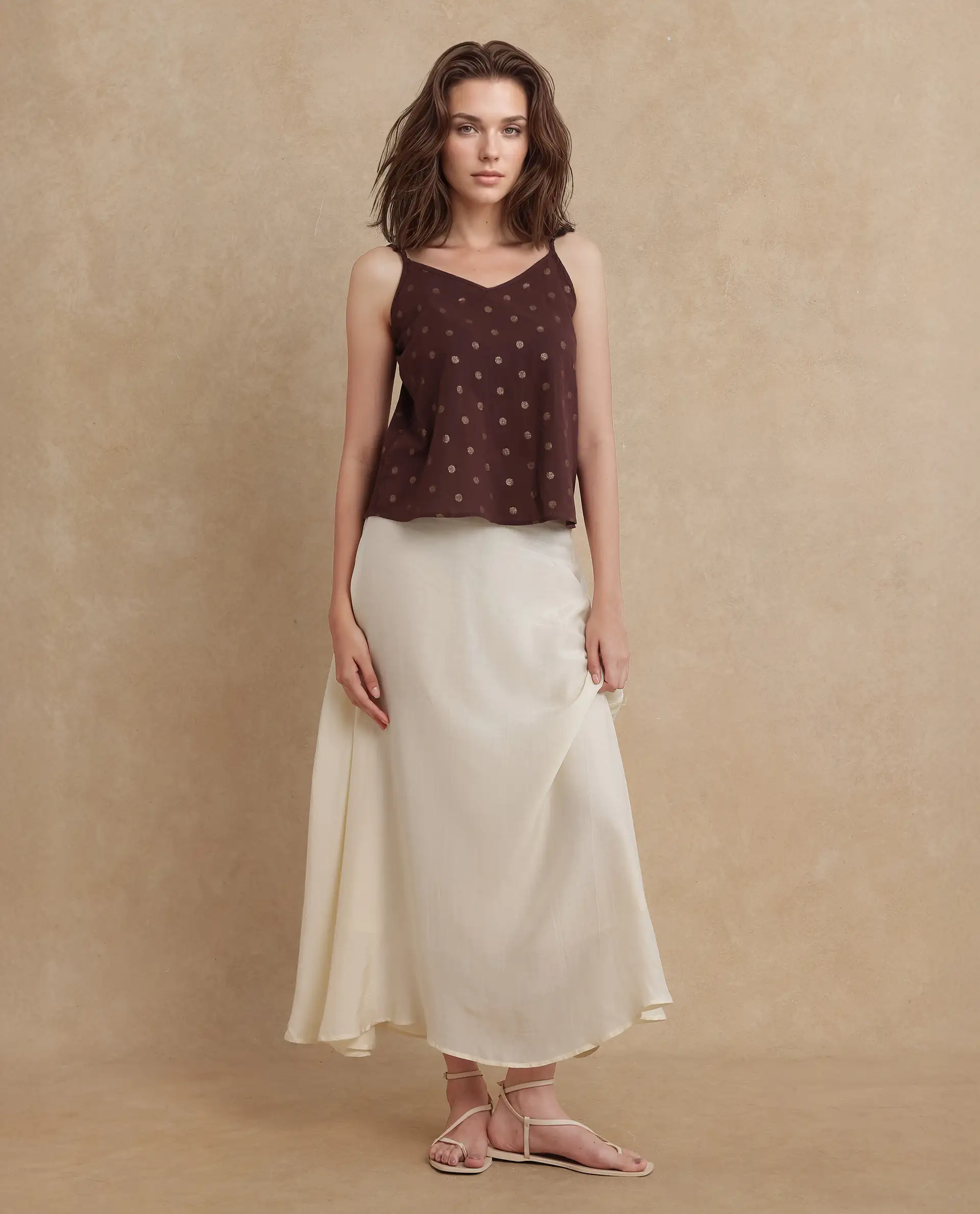 Rareism Women's Ronn Dusky Brown Cotton Blend V-Neck Plain Sleeveless Relaxed Fit Top - Image 9