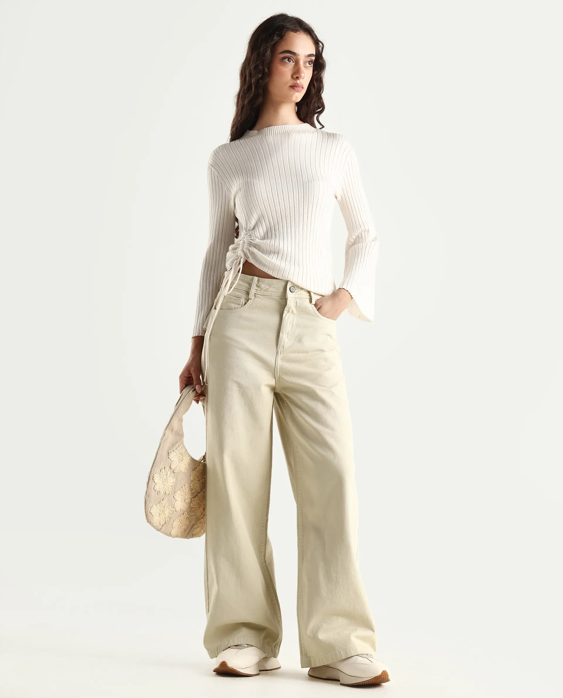 Rareism Women's Ronob Beige Cotton Blend Plain Ankle Length Wide Trouser