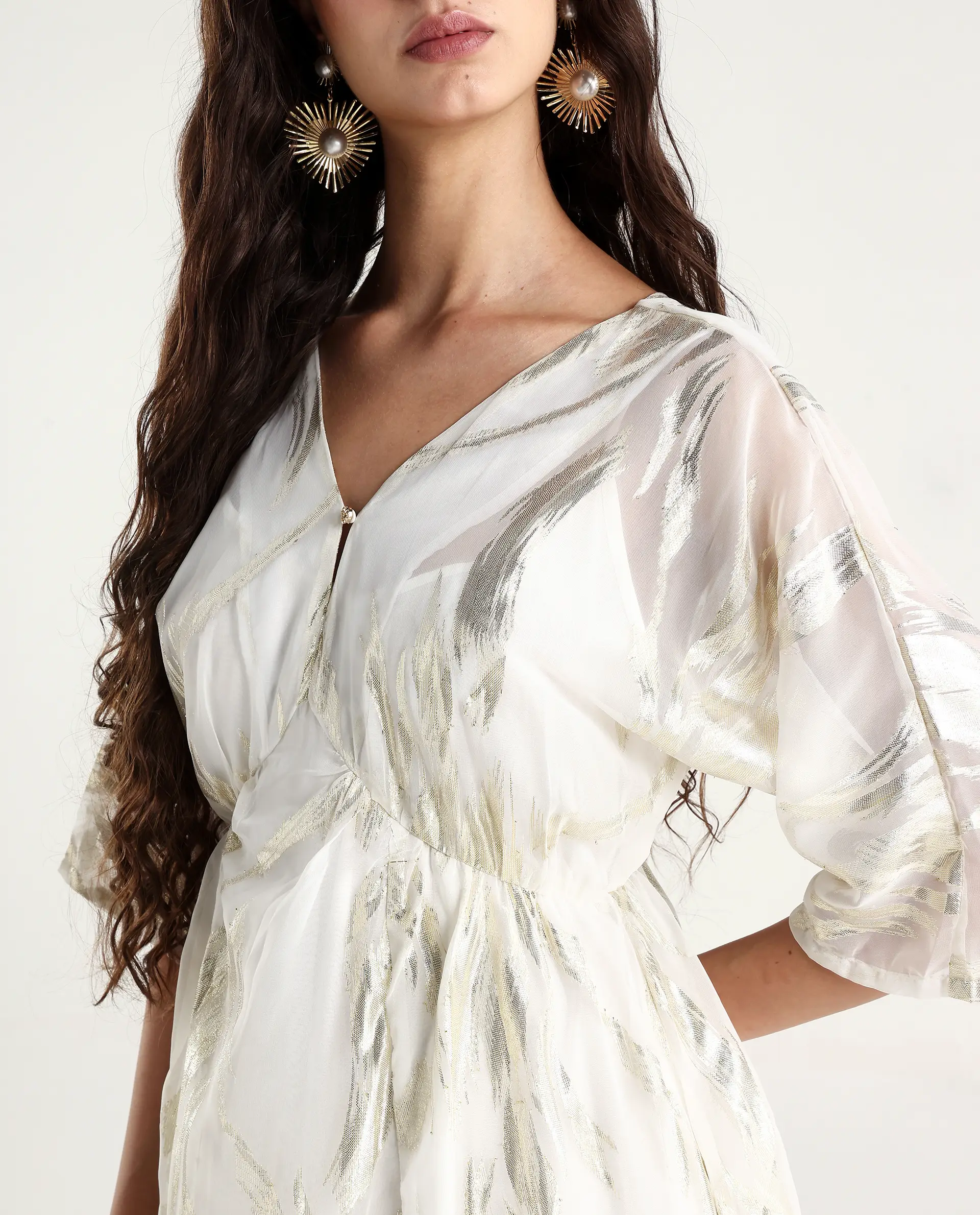 Rareism Women's Ronoli Off White Polyester V-Neck Textured Kimono Sleeve Maxi Flared Dress - Image 5