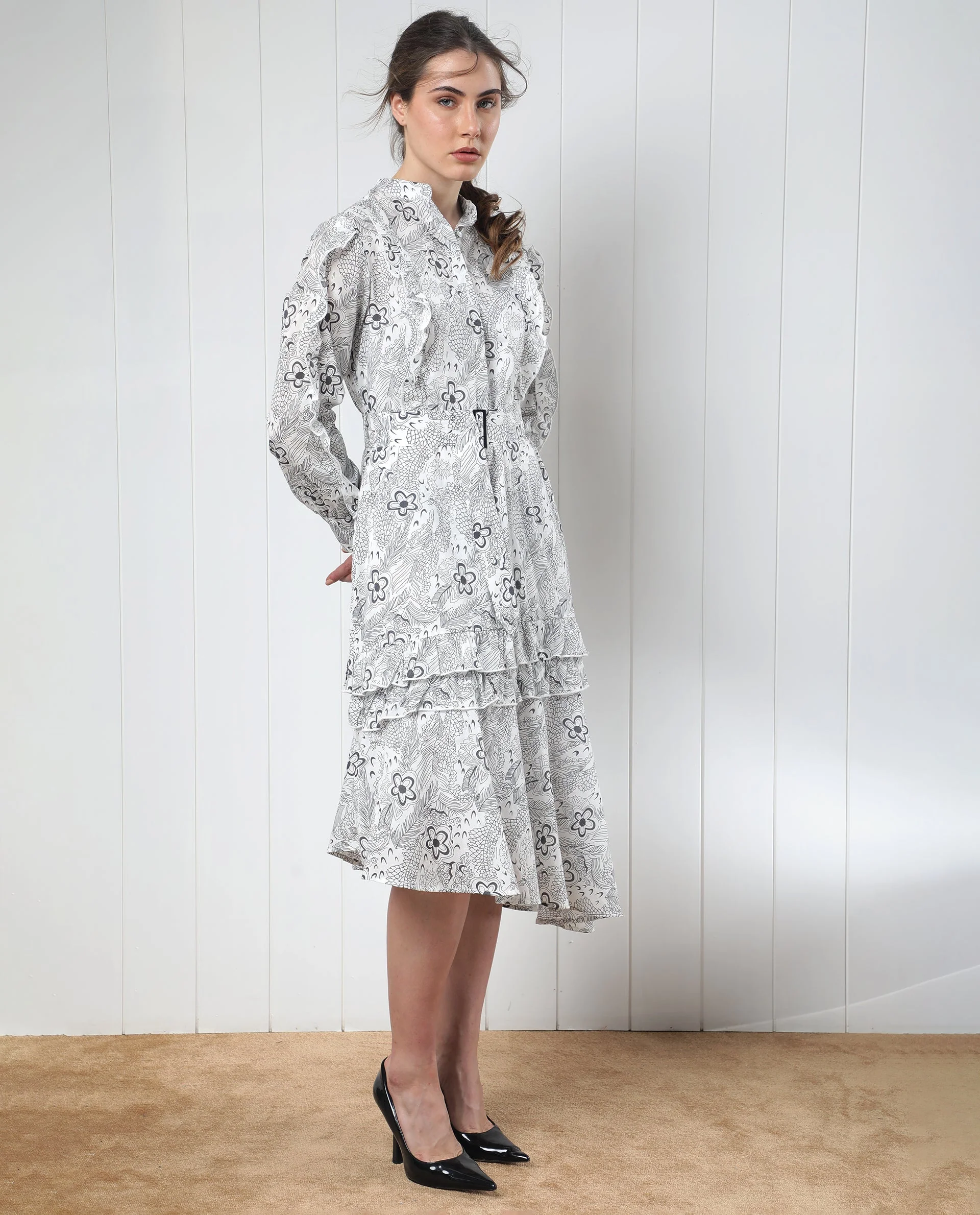 Rareism Women's Roose White Cotton Mandarin Collar Floral Print Knee Length Regular Fit Dress - Image 6