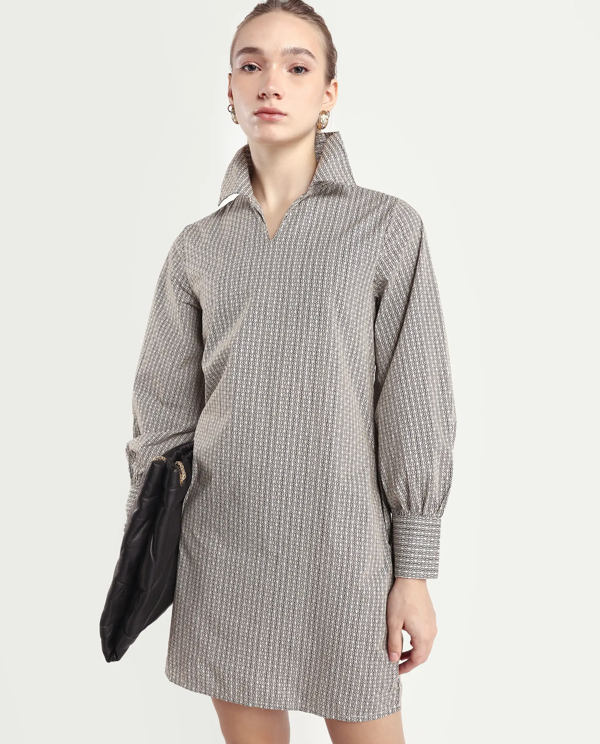 Rareism Women's Rore Beige Cotton Drop Collar Striped Cuffed Sleeve Mini Regular Fit Dress