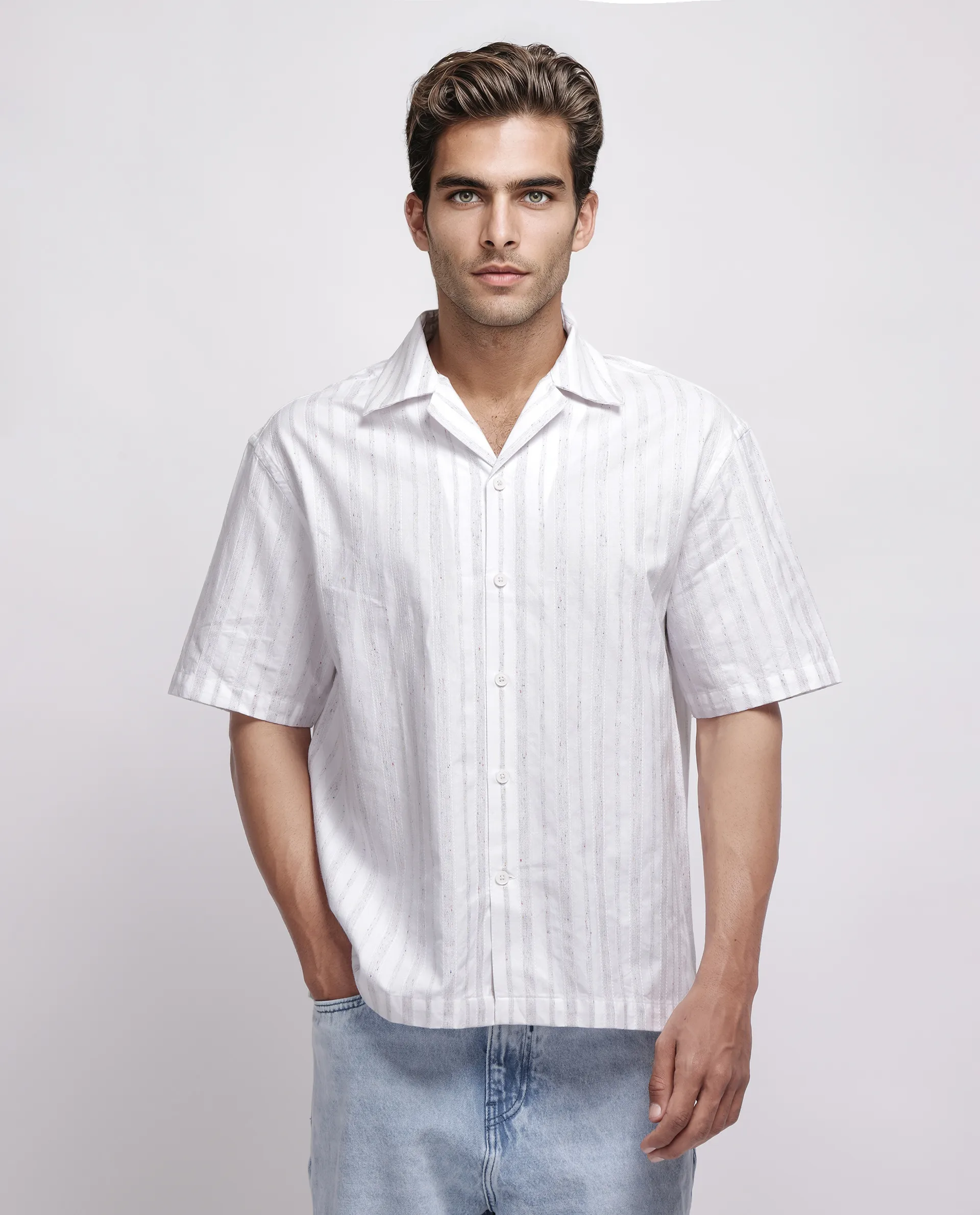 Rare Rabbit Men's Roshi White Cotton Striped Print Relaxed Fit Half Sleeve Cuban Collar Shirt