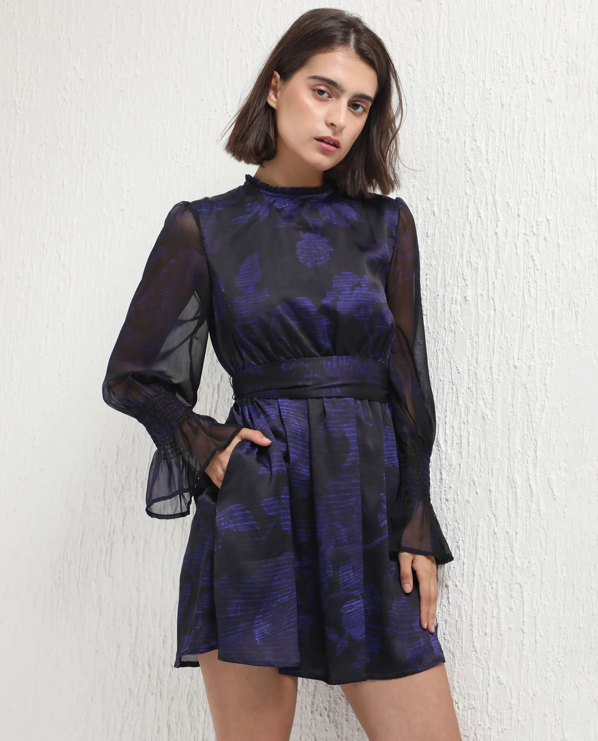 Rareism Women's Rossel Dark Navy Polyester High Neck Abstract Print Balloon Sleeve Mini Regular Fit Dress