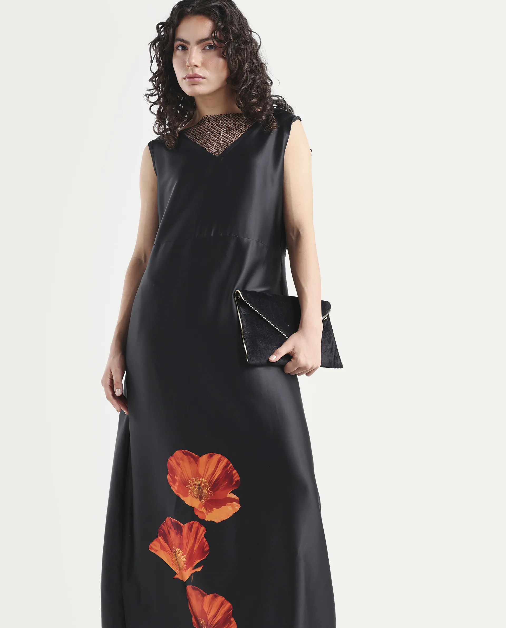 Rareism Women's Rost Black Polyester Collarless Floral Print Sleeveless Maxi Regular Fit Dress