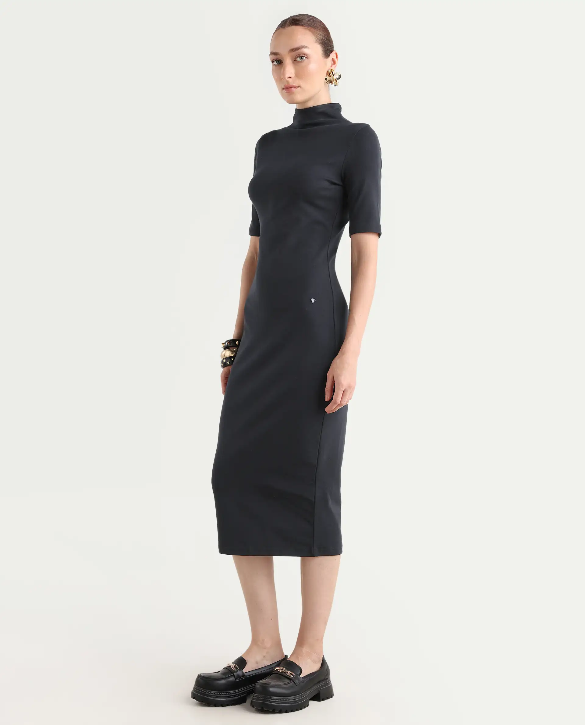 Rareism Women's Rotary Black Cotton Blend High Neck Plain Maxi Slim Fit Dress