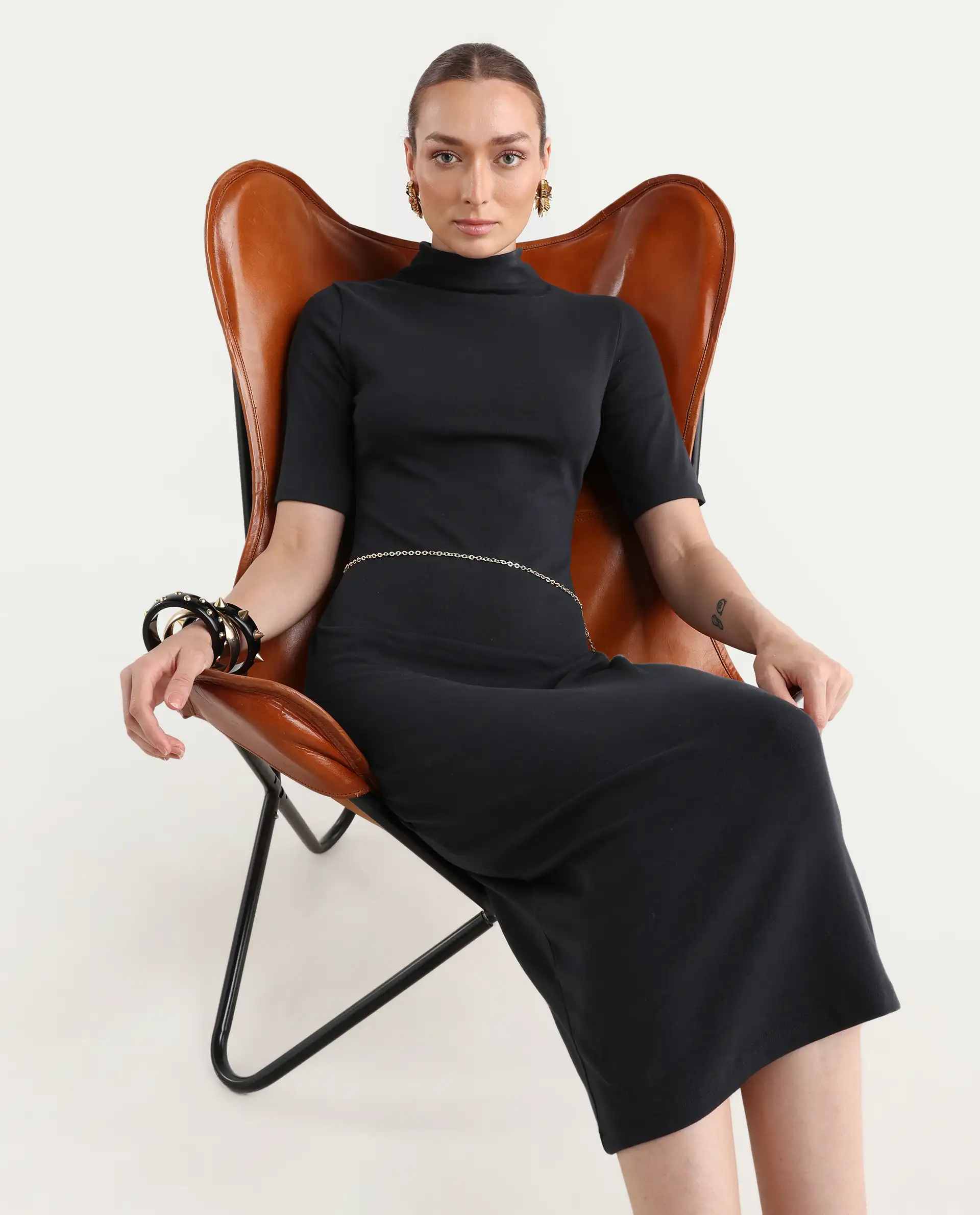 Rareism Women's Rotary Black Cotton Blend High Neck Plain Maxi Slim Fit Dress - Image 2