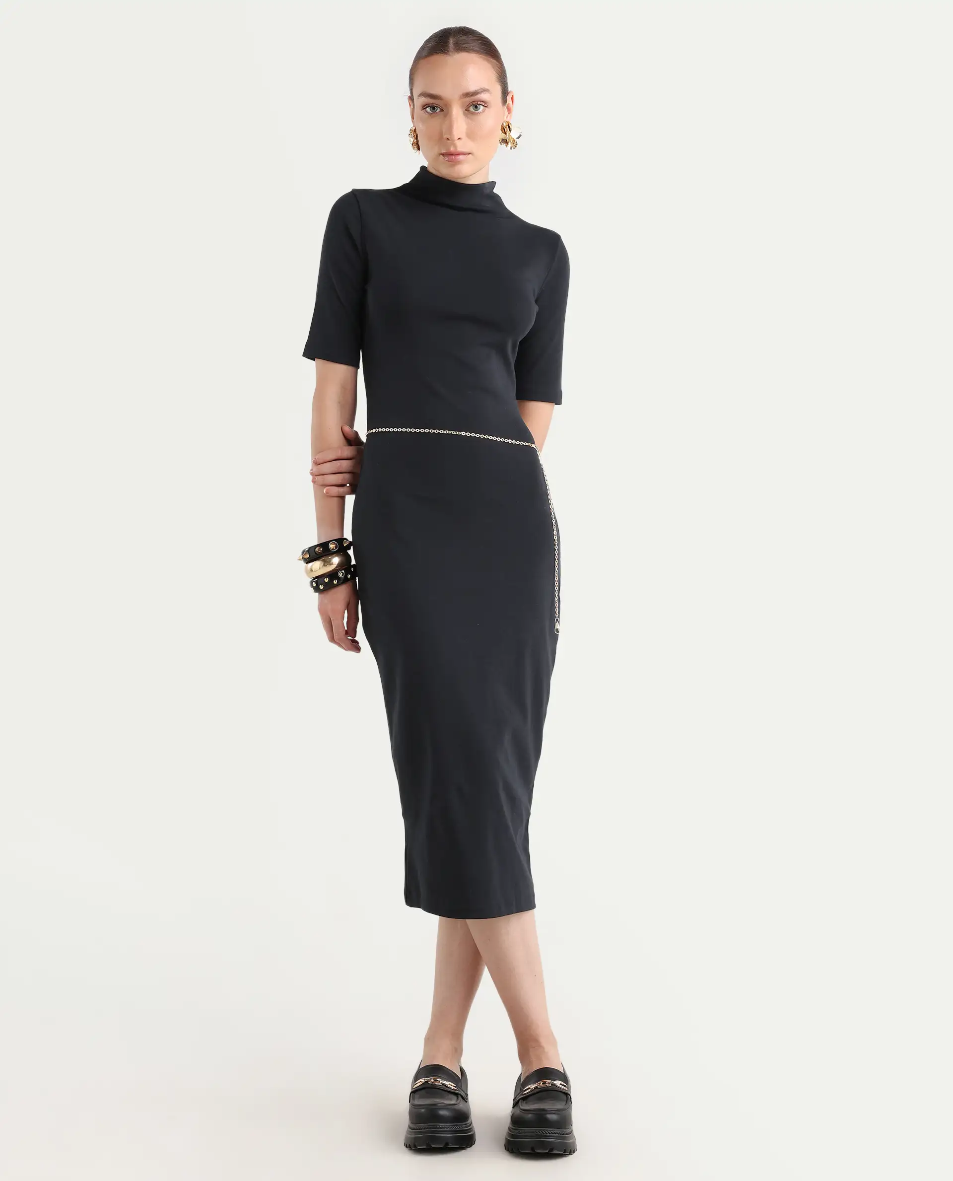 Rareism Women's Rotary Black Cotton Blend High Neck Plain Maxi Slim Fit Dress - Image 4