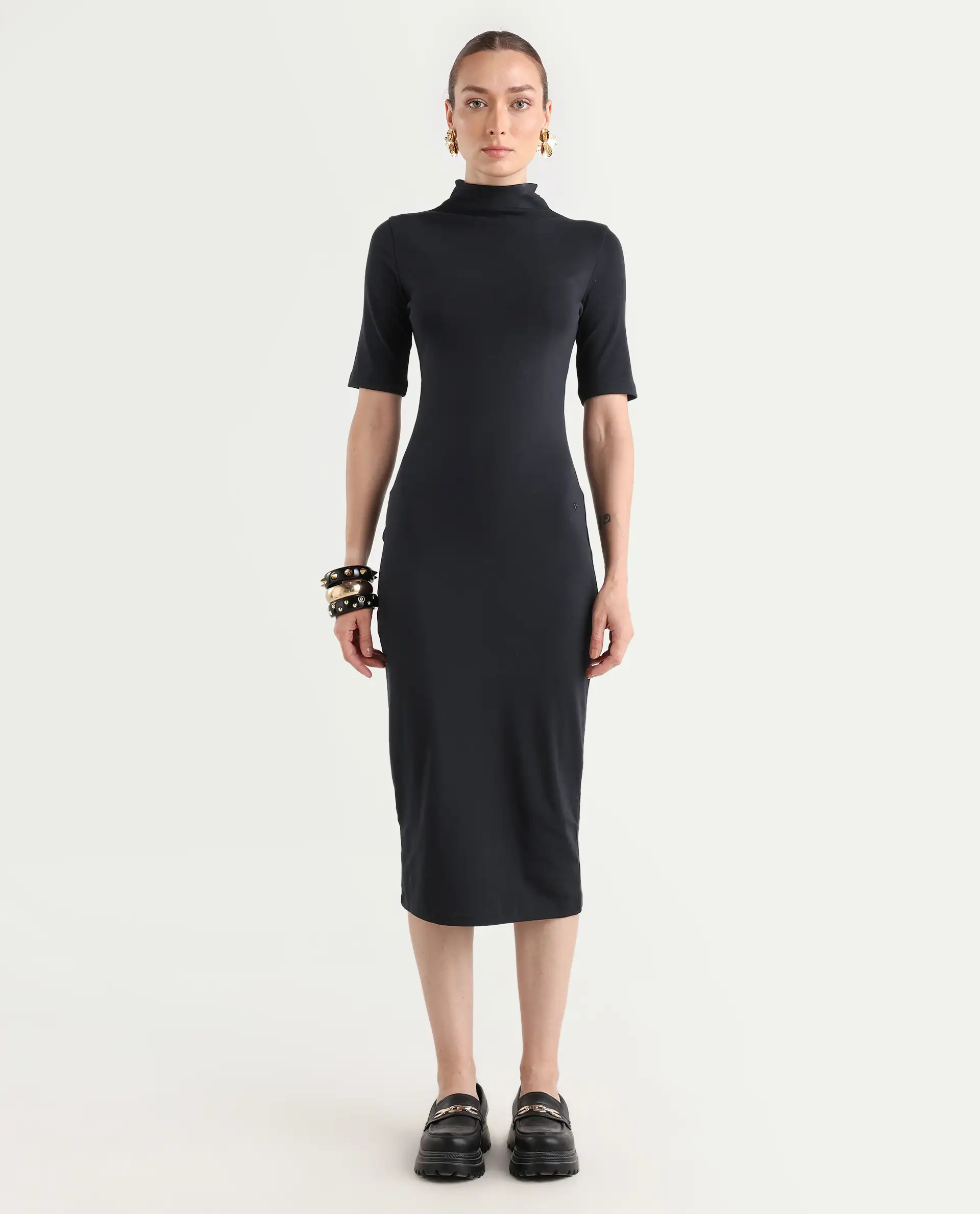 Rareism Women's Rotary Black Cotton Blend High Neck Plain Maxi Slim Fit Dress - Image 5