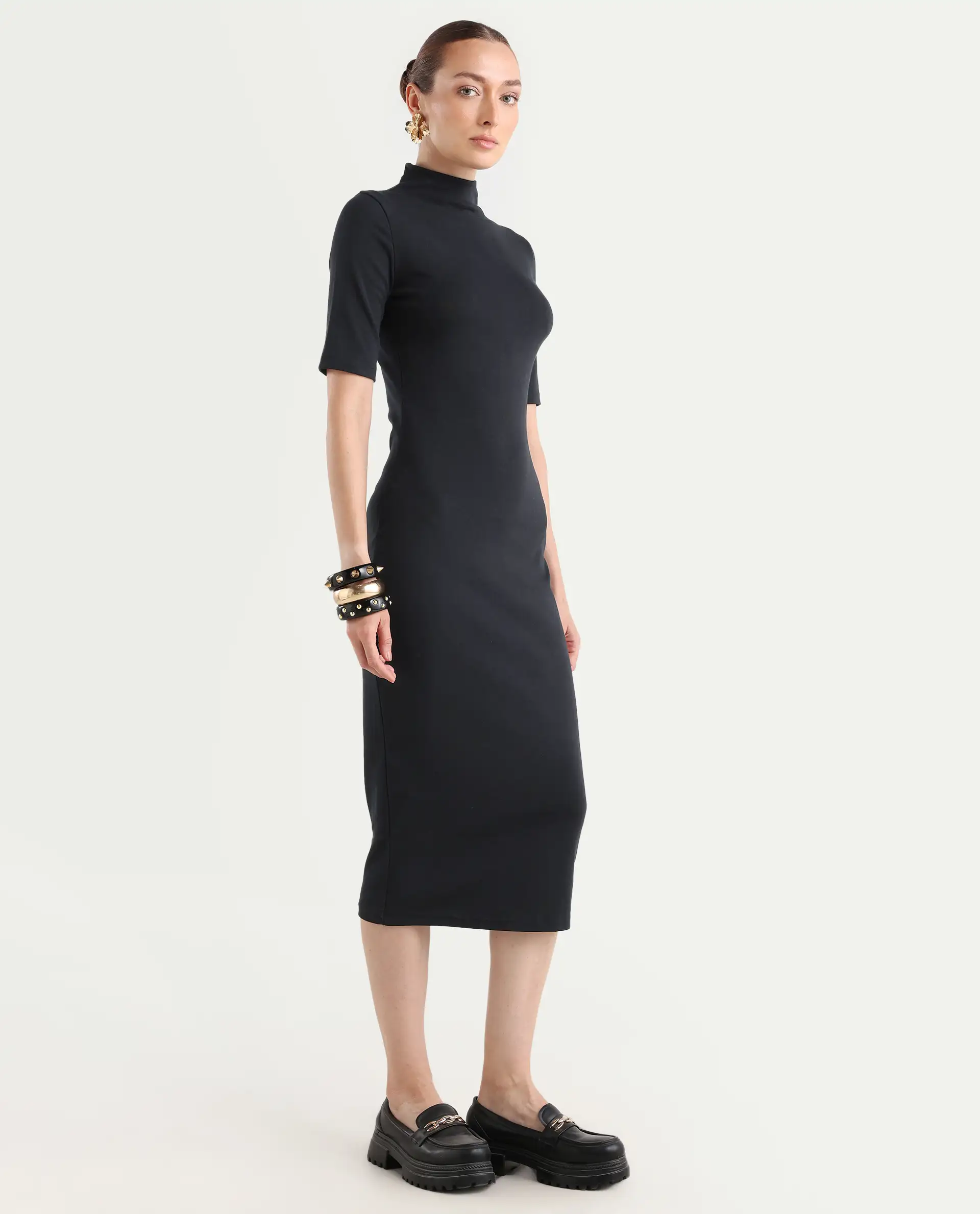 Rareism Women's Rotary Black Cotton Blend High Neck Plain Maxi Slim Fit Dress - Image 7