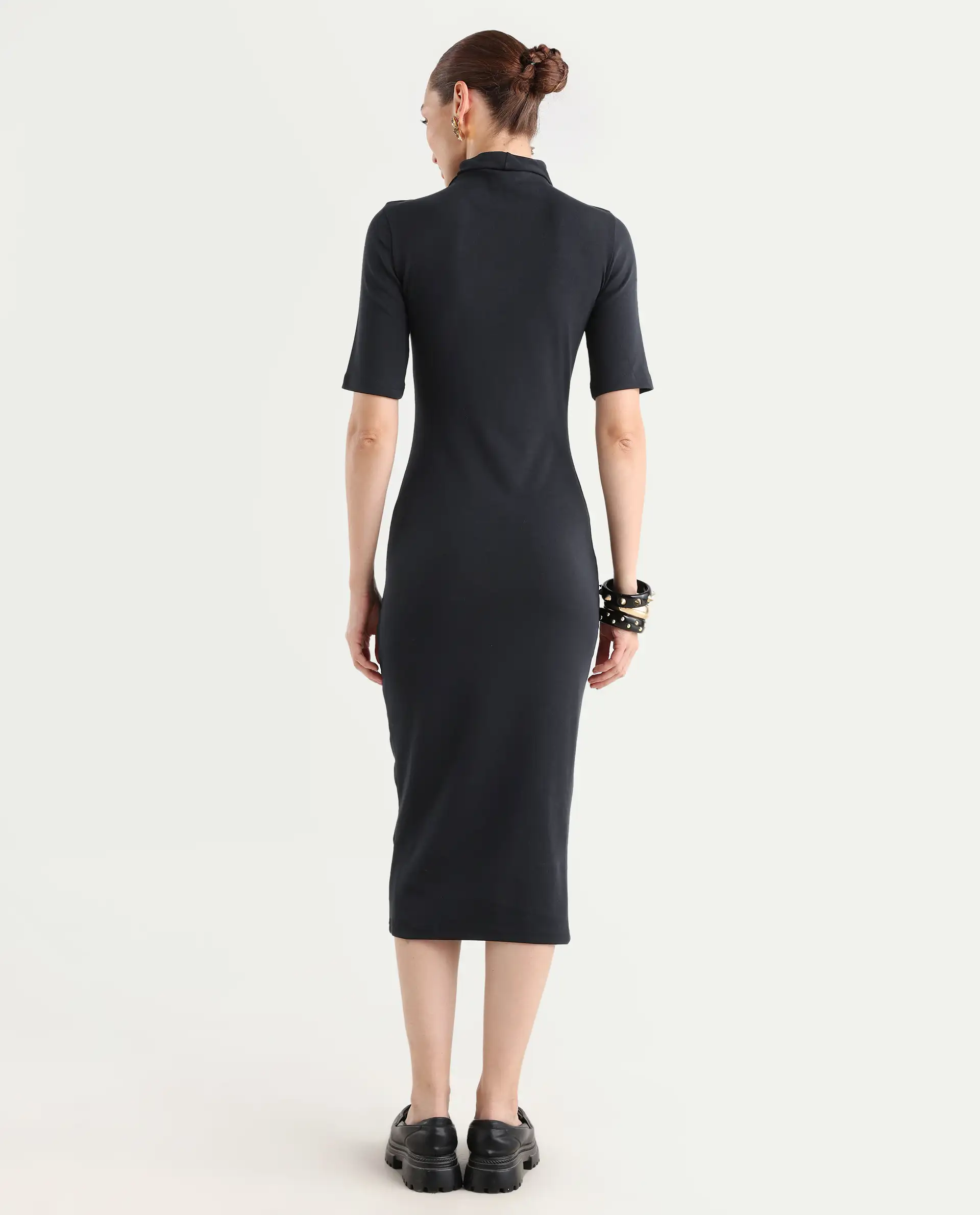 Rareism Women's Rotary Black Cotton Blend High Neck Plain Maxi Slim Fit Dress - Image 8