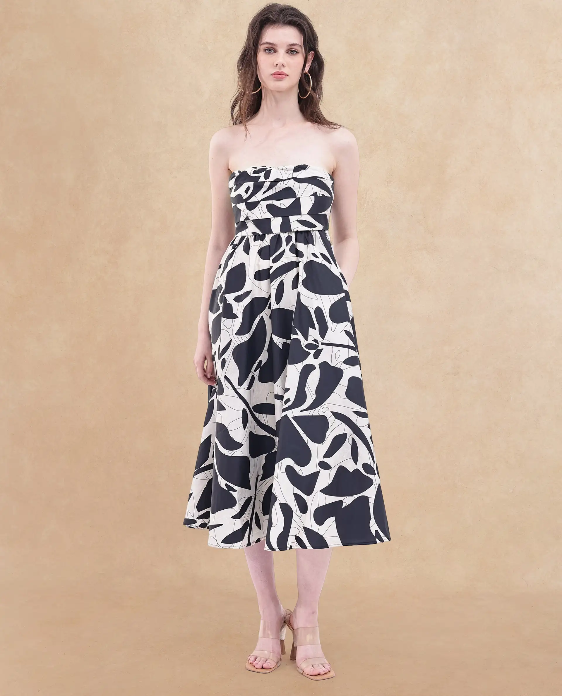 Rareism Women's Rowera Black Cotton Shoulder Strap Abstract Print Sleeveless Midi Fit And Flare Dress