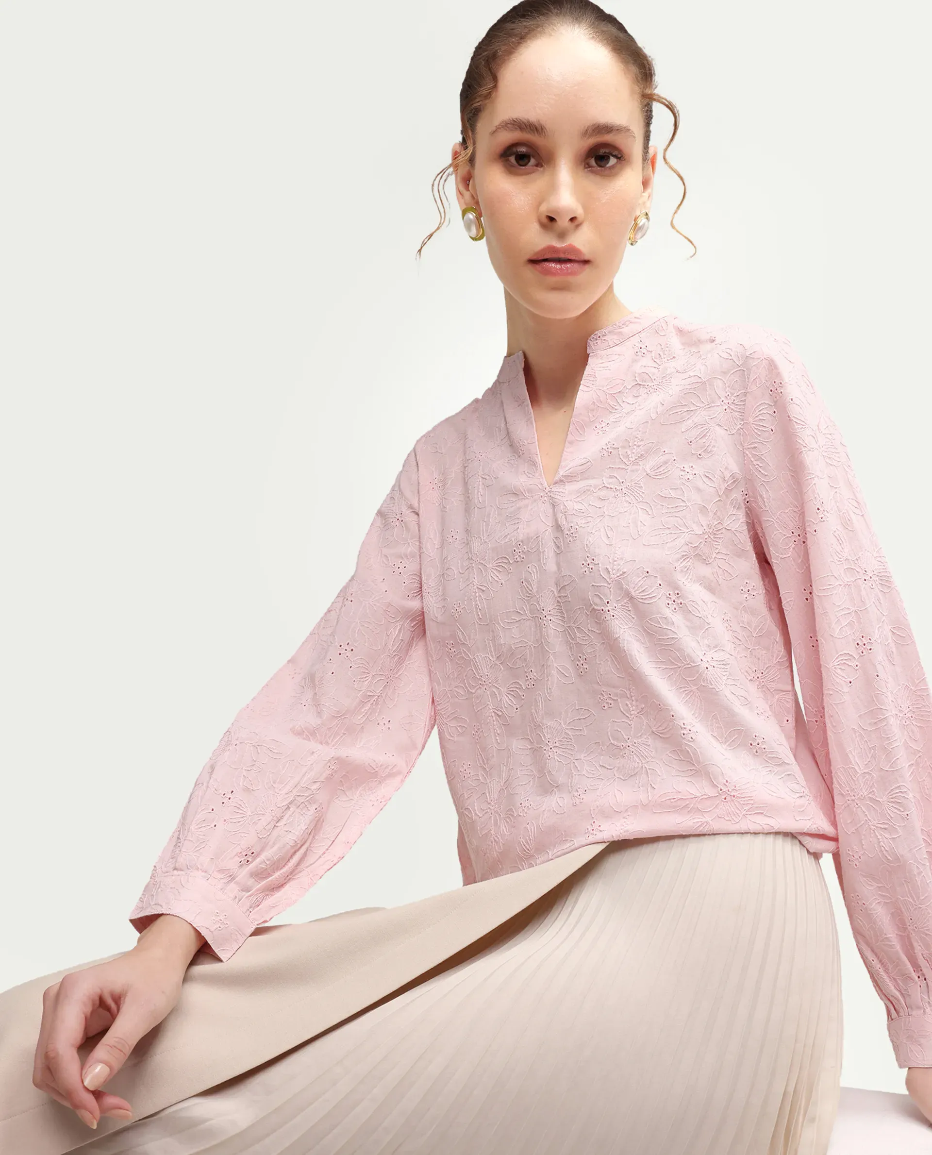 Rareism Women's Rufo Pastel Pink Cotton Full Sleeve Band Collar Regular Fit Top