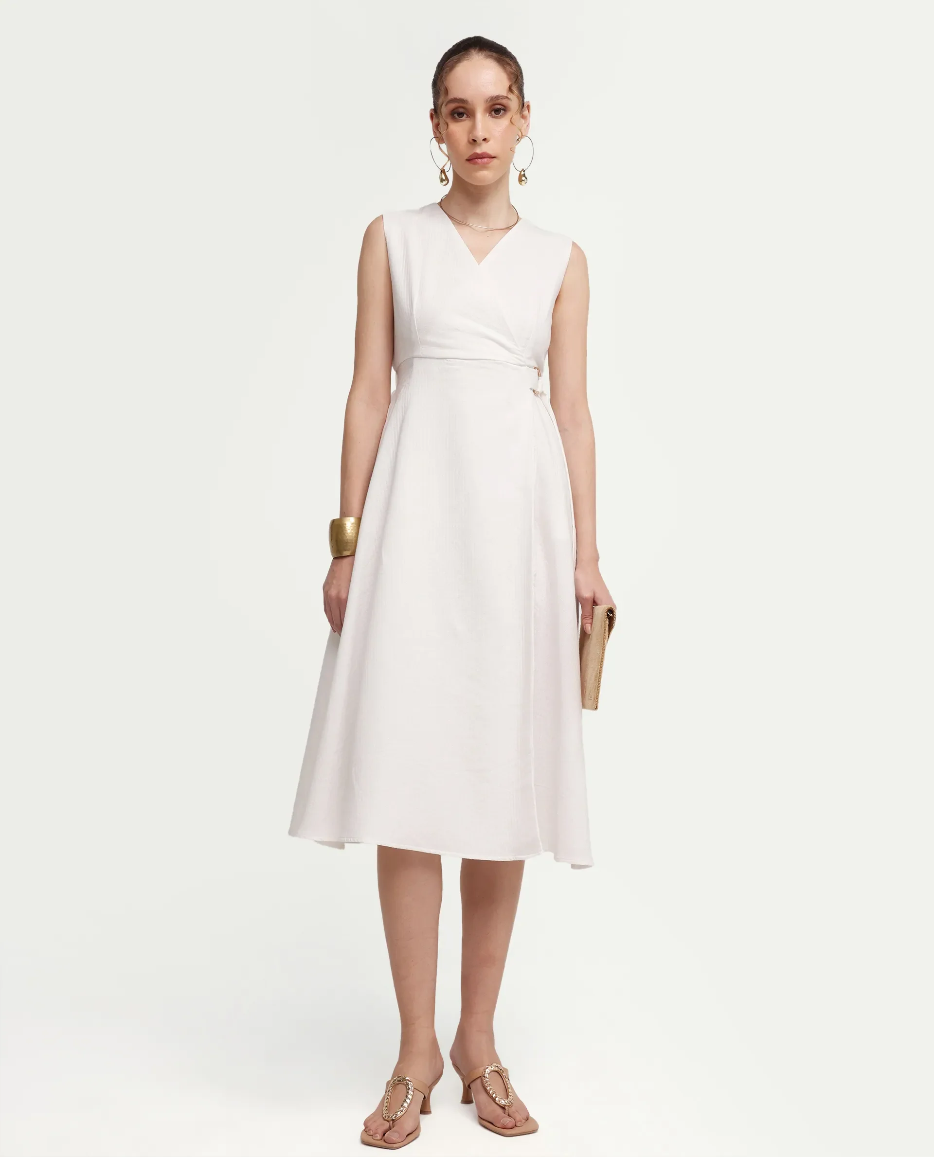 Rareism Women's Rulet Primary Beige Cotton Sleeveless V-Neck A-Line Plain Dress - Image 2