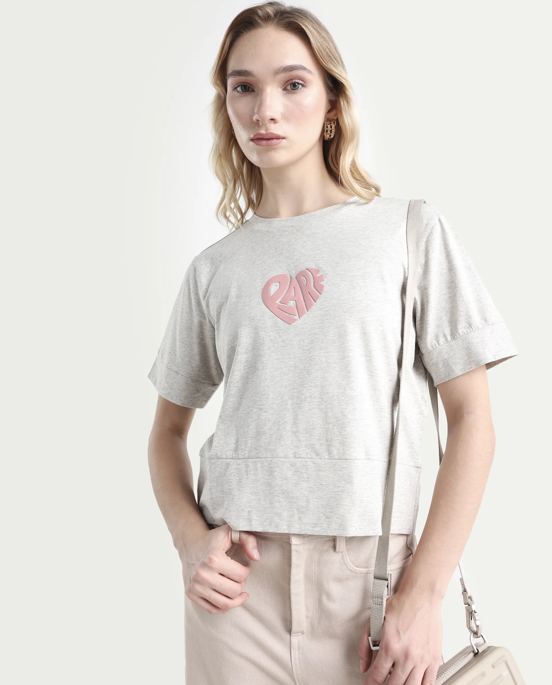 Rareism Women's Runo Melange Grey Cotton Blend Crew Neck Graphic Print Regular Fit T-Shirt