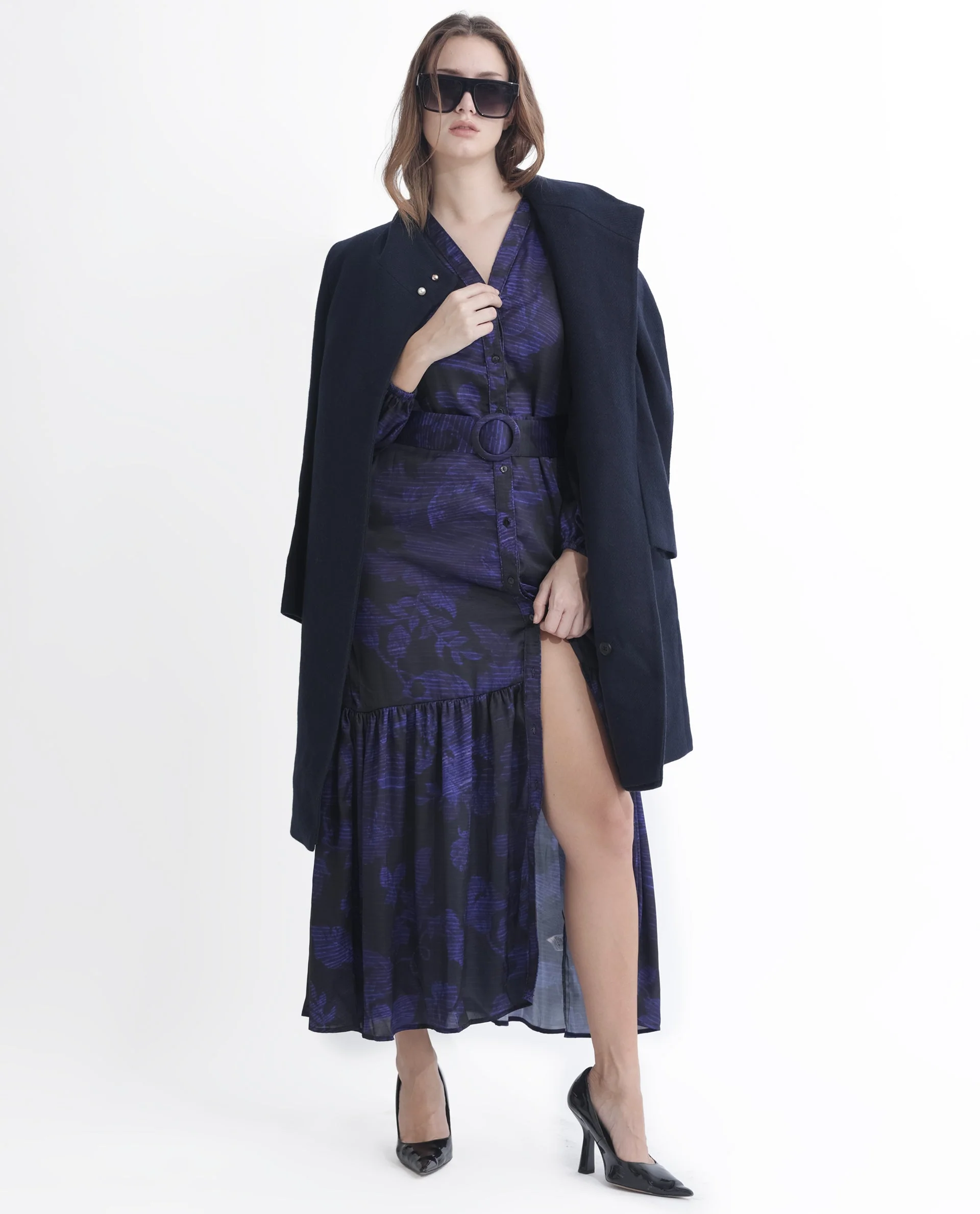 Rareism Women's Rupper Dark Navy Polyester V-Neck Abstract Print Bishop Sleeve Maxi Relaxed Fit Dress