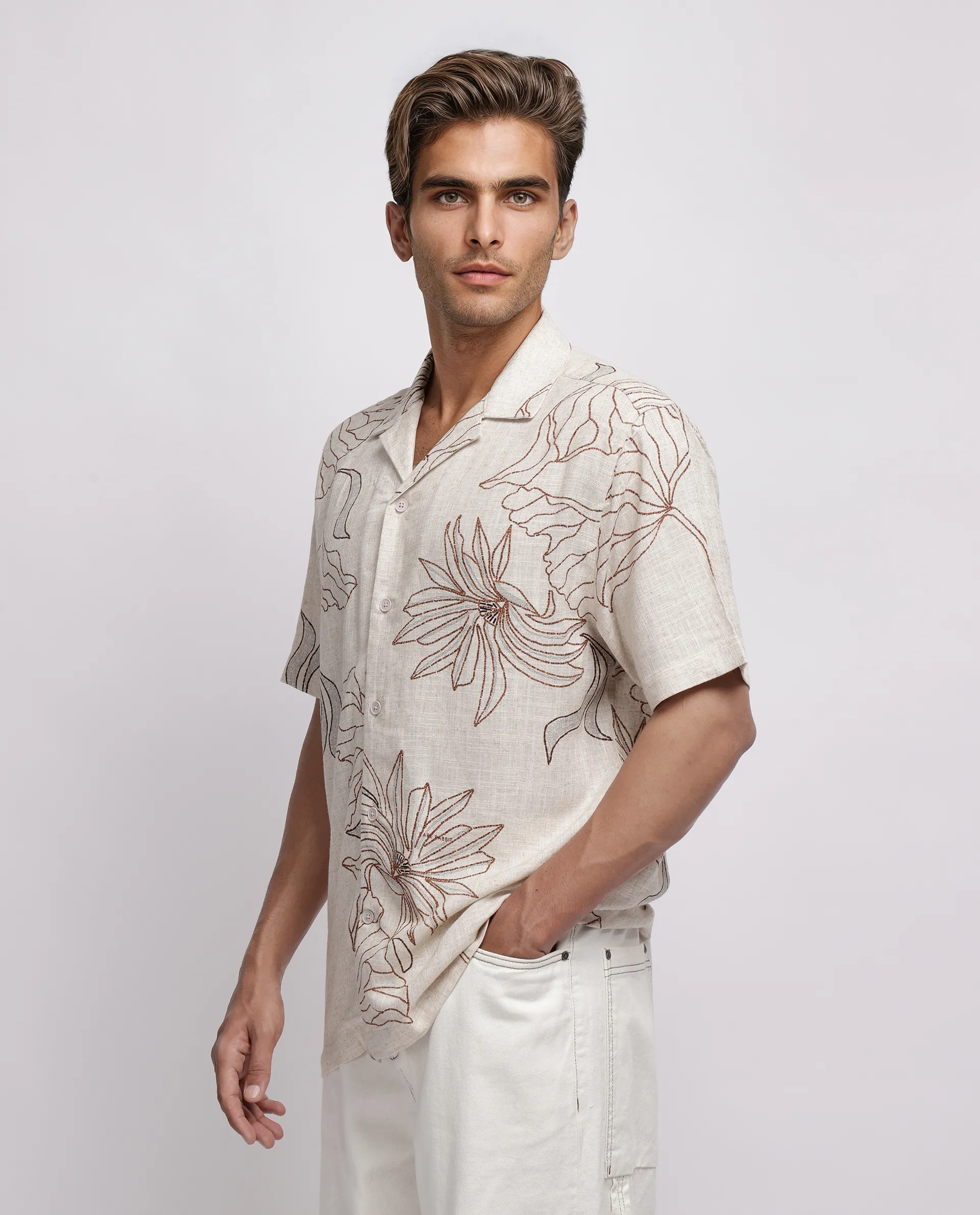 Rare Rabbit Men's Rustel Khaki Viscose Floral Print Relaxed Fit Half Sleeve Cuban Collar Shirt - Image 2