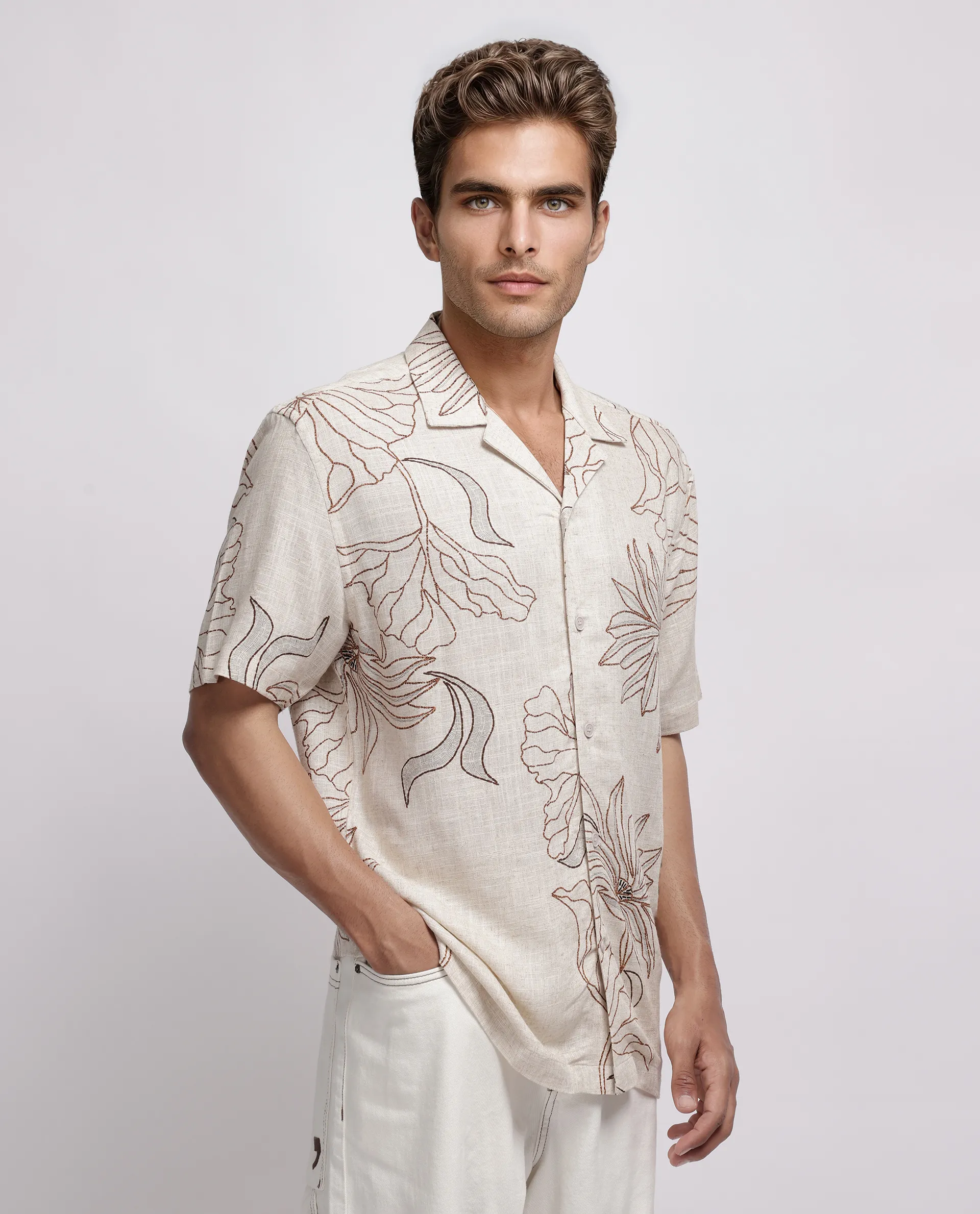 Rare Rabbit Men's Rustel Khaki Viscose Floral Print Relaxed Fit Half Sleeve Cuban Collar Shirt - Image 3