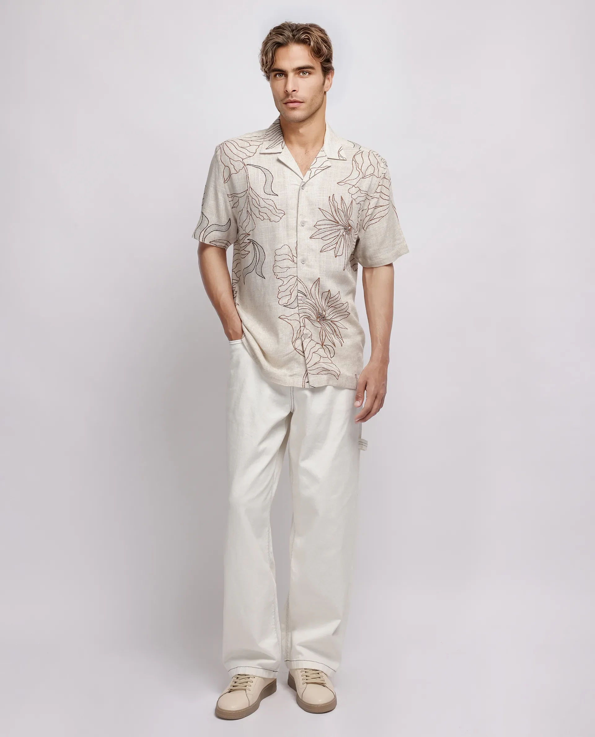 Rare Rabbit Men's Rustel Khaki Viscose Floral Print Relaxed Fit Half Sleeve Cuban Collar Shirt - Image 4