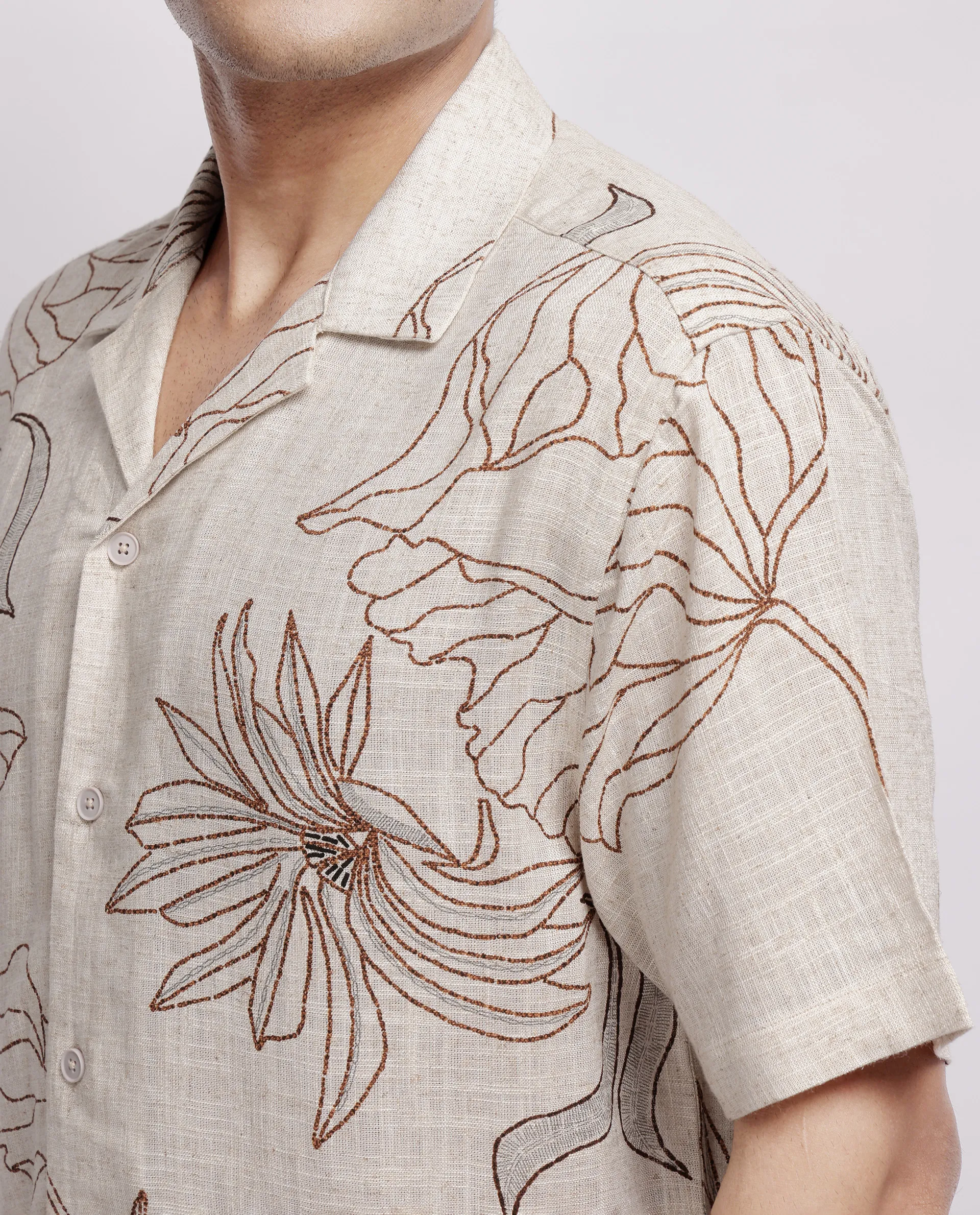 Rare Rabbit Men's Rustel Khaki Viscose Floral Print Relaxed Fit Half Sleeve Cuban Collar Shirt - Image 6