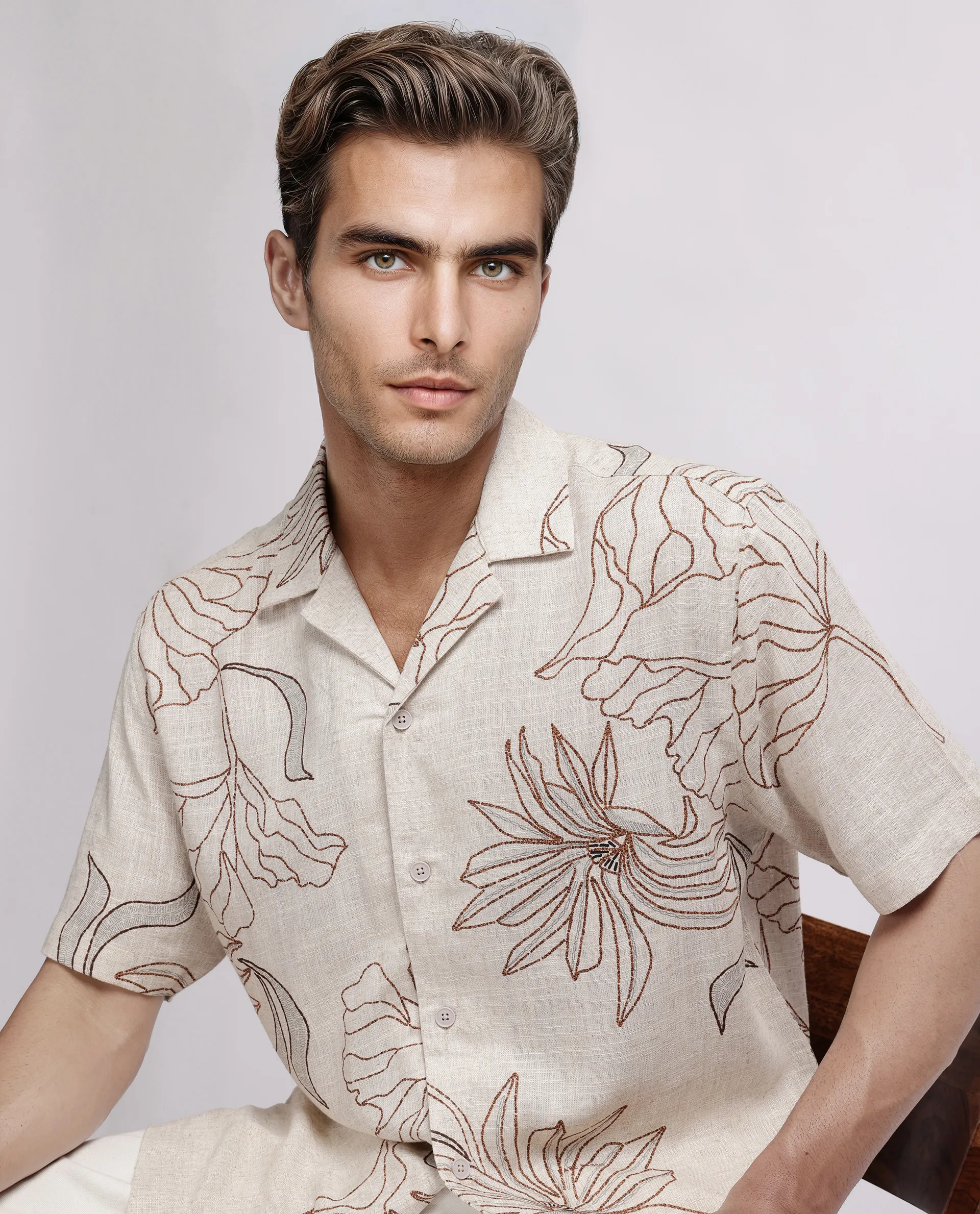 Rare Rabbit Men's Rustel Khaki Viscose Floral Print Relaxed Fit Half Sleeve Cuban Collar Shirt - Image 8