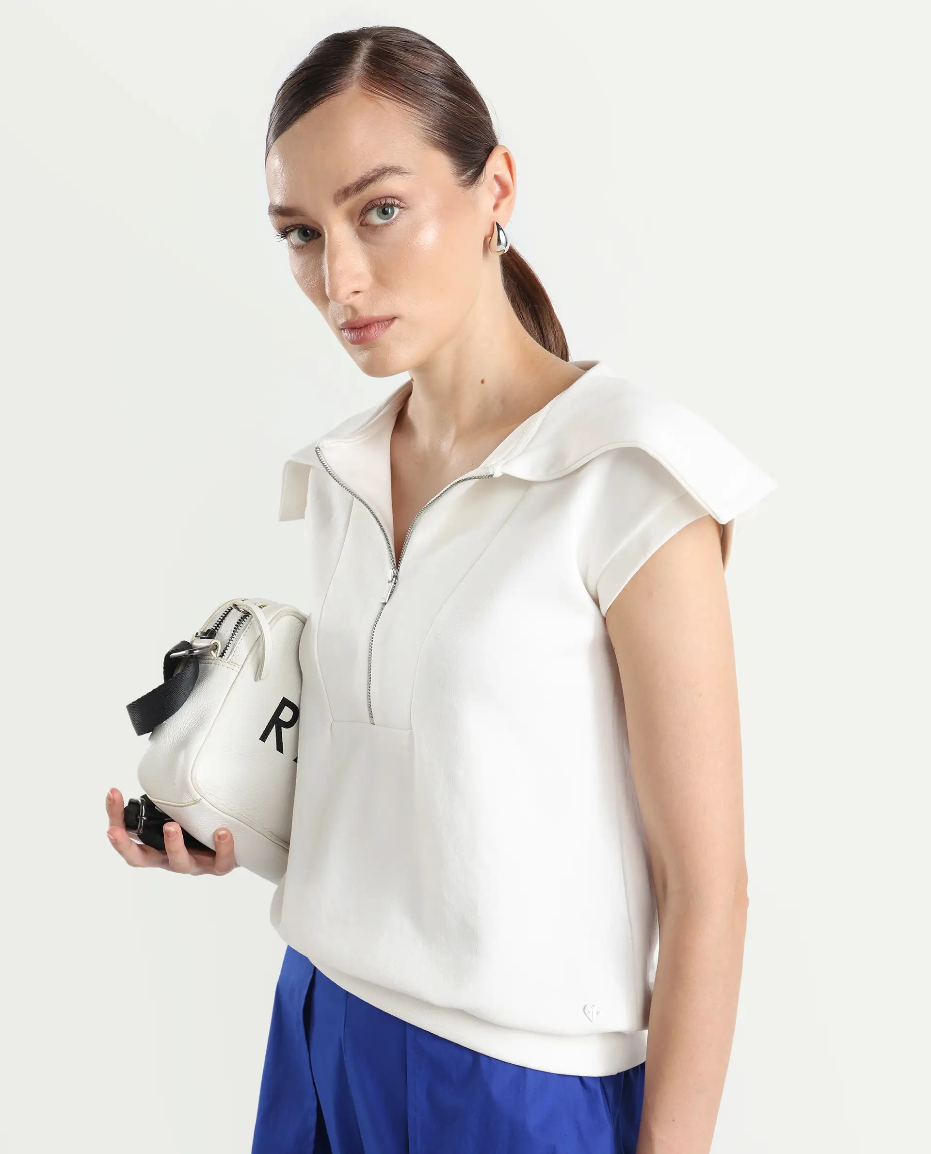 Rareism Women's Sail Off White Cotton Blend Spread Collar Plain Extended Sleeves Relaxed Fit Sweatshirt