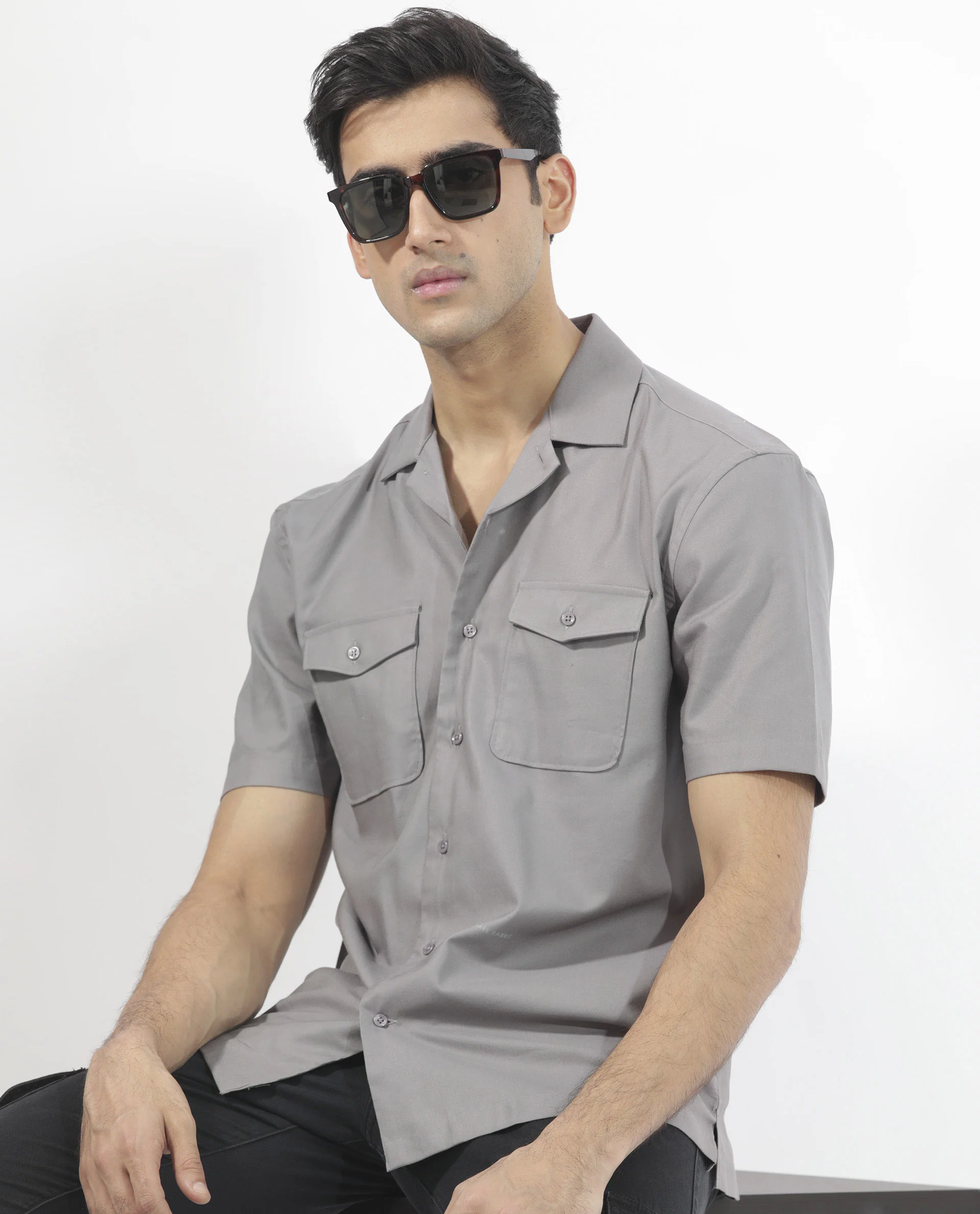 Rare Rabbit Men's Salford Dusky Grey Cotton Plain Regular Fit Half Sleeve Cuban Collar Shirt