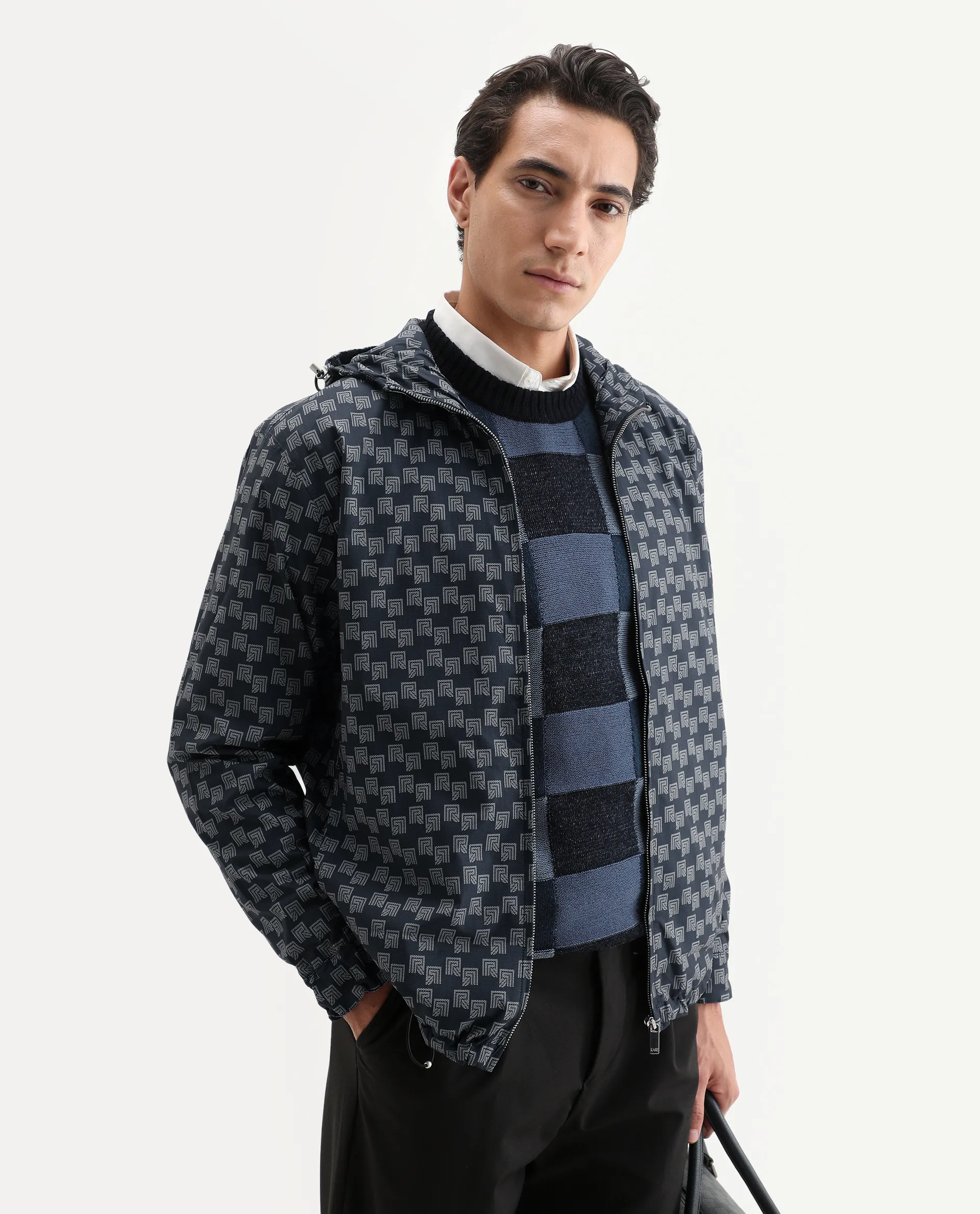 Rare Rabbit Men's Sappon Navy Polyester Monogram Print Boxy Fit Full Sleeve High Neck Jacket
