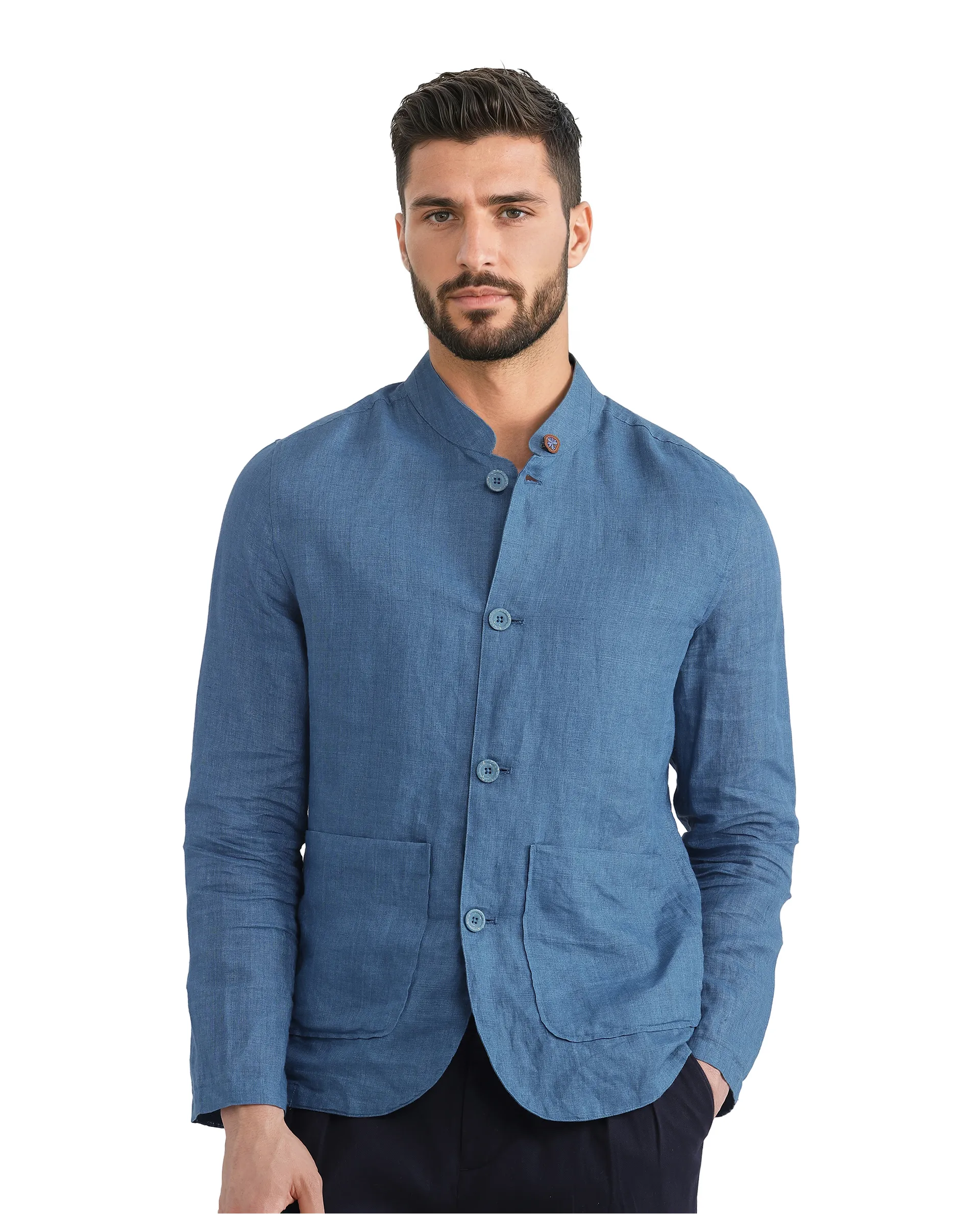 Rare Rabbit Men's Sash Blue Plain Relaxed Fit Full Sleeve Mandarin Collar Jacket