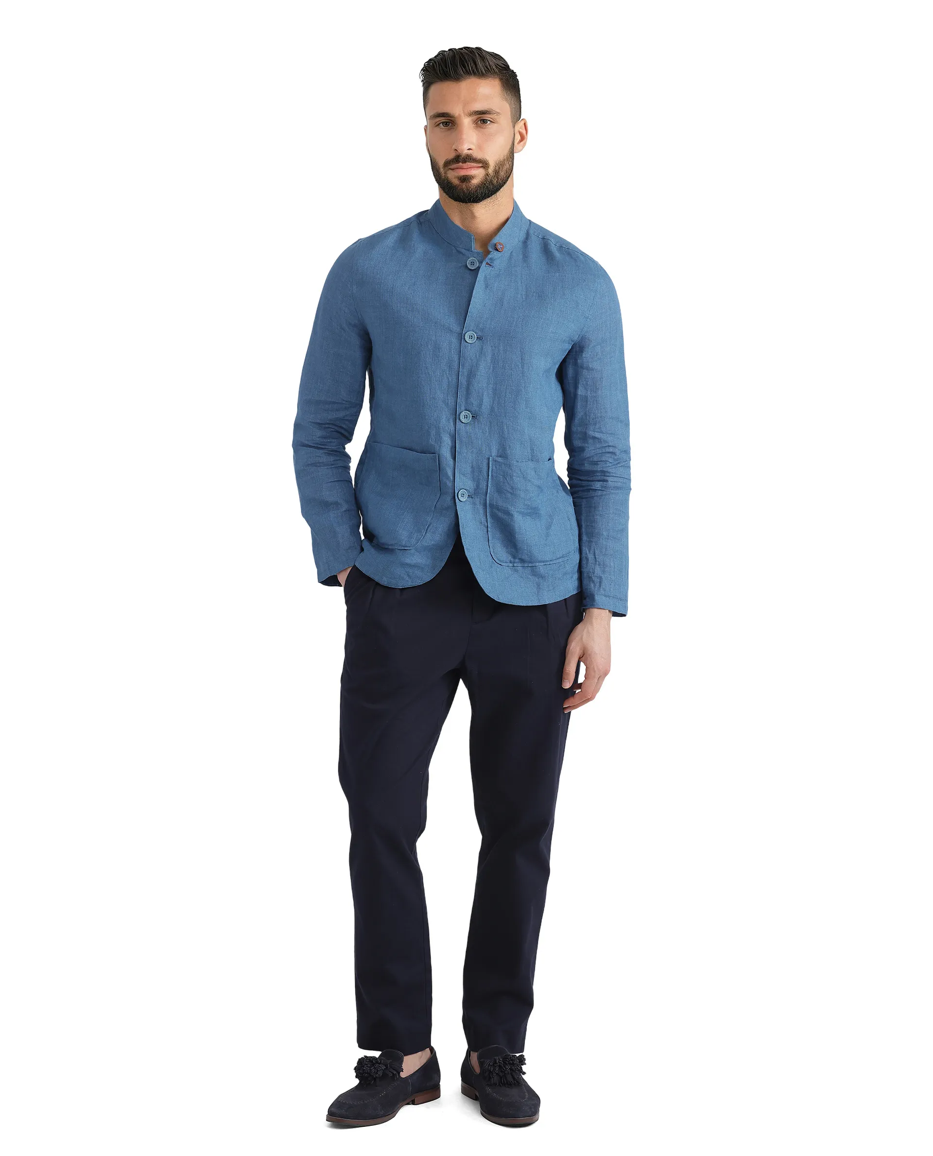 Rare Rabbit Men's Sash Blue Plain Relaxed Fit Full Sleeve Mandarin Collar Jacket - Image 2