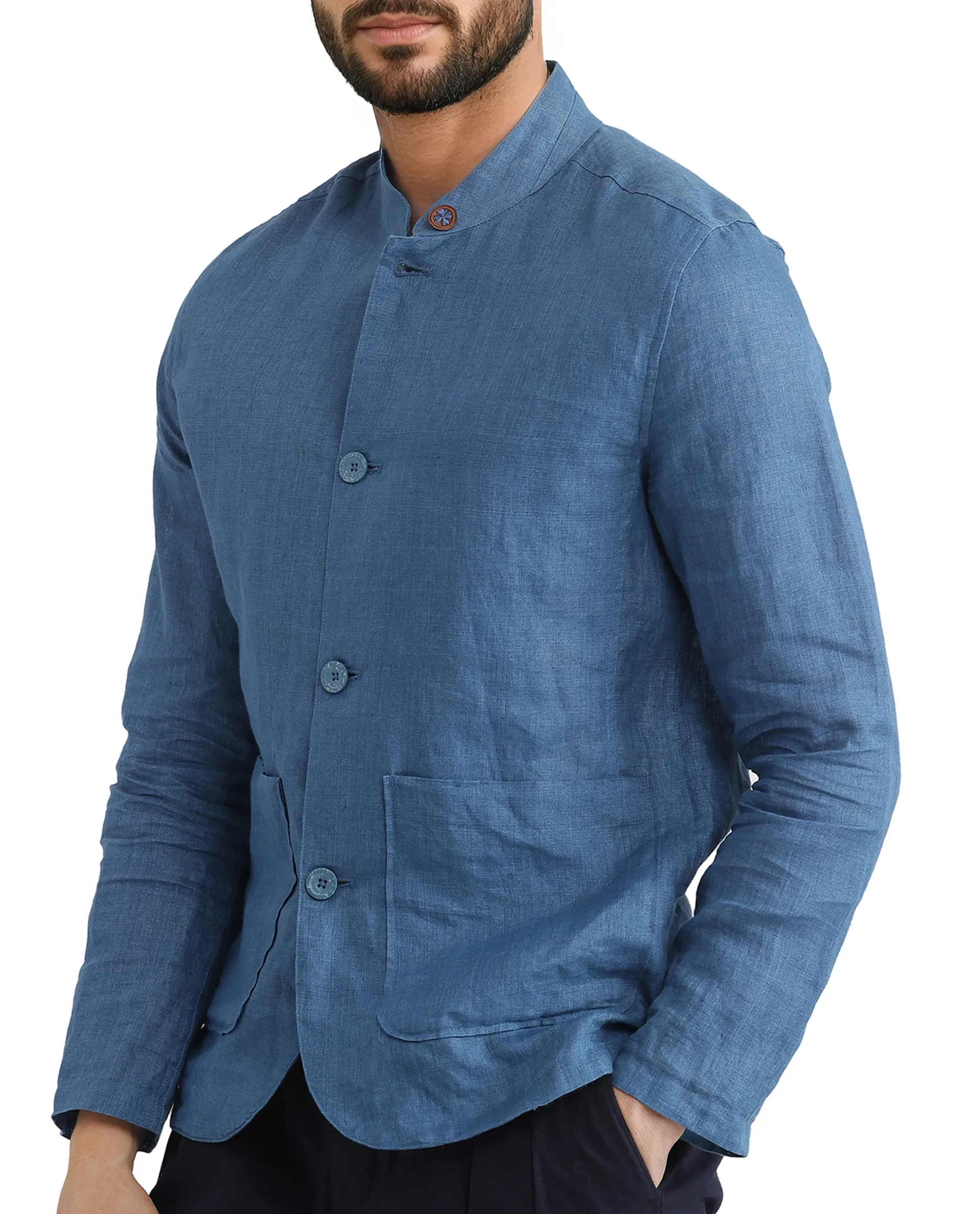 Rare Rabbit Men's Sash Blue Plain Relaxed Fit Full Sleeve Mandarin Collar Jacket - Image 3