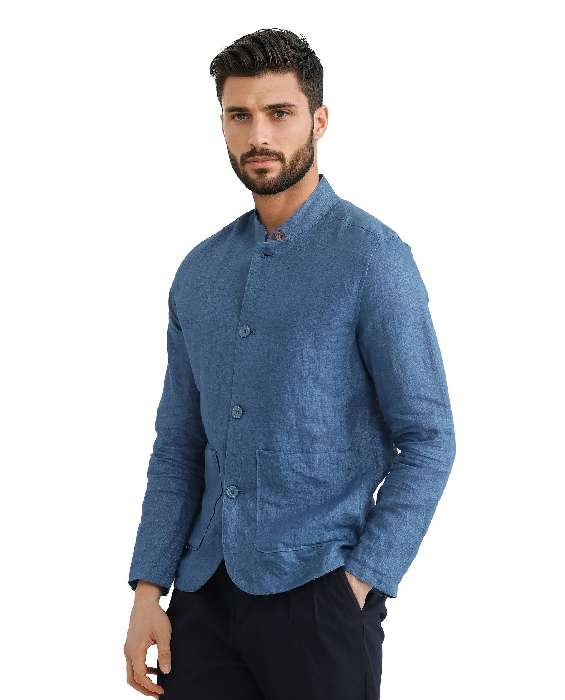 Rare Rabbit Men's Sash Blue Plain Relaxed Fit Full Sleeve Mandarin Collar Jacket - Image 6