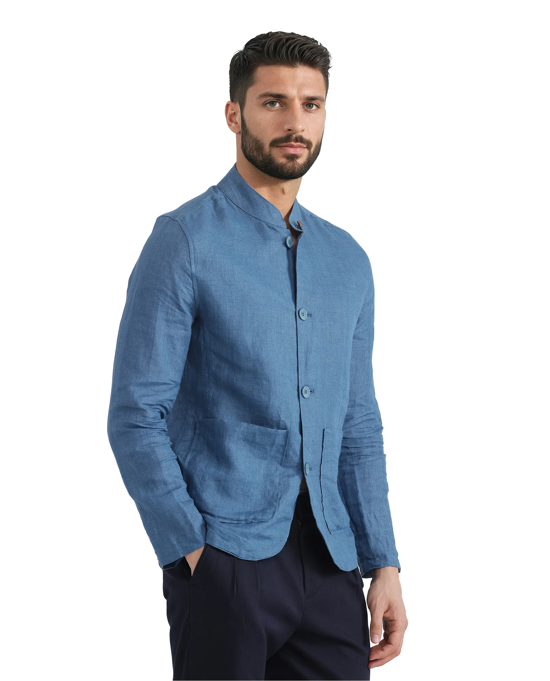 Rare Rabbit Men's Sash Blue Plain Relaxed Fit Full Sleeve Mandarin Collar Jacket - Image 7