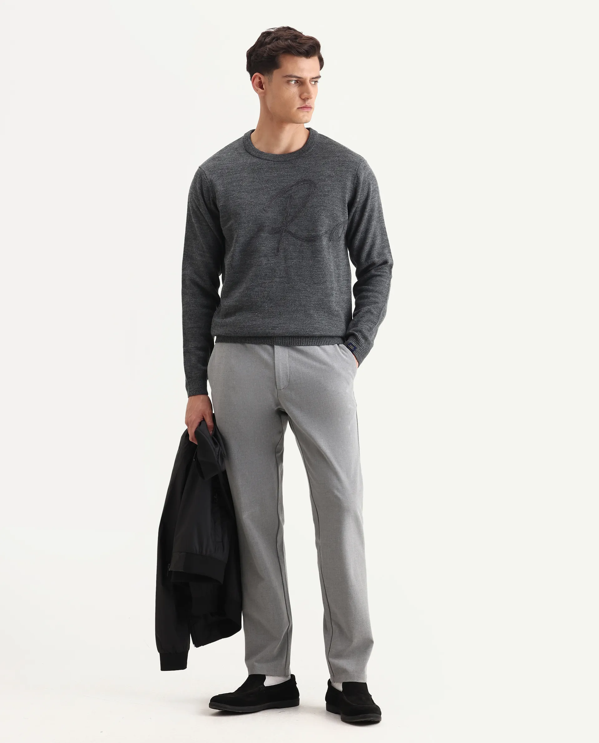 Rare Rabbit Men's Saturno Dusky Grey Acrylic Embroidered Regular Fit Full Sleeve Crew Neck Sweater - Image 2