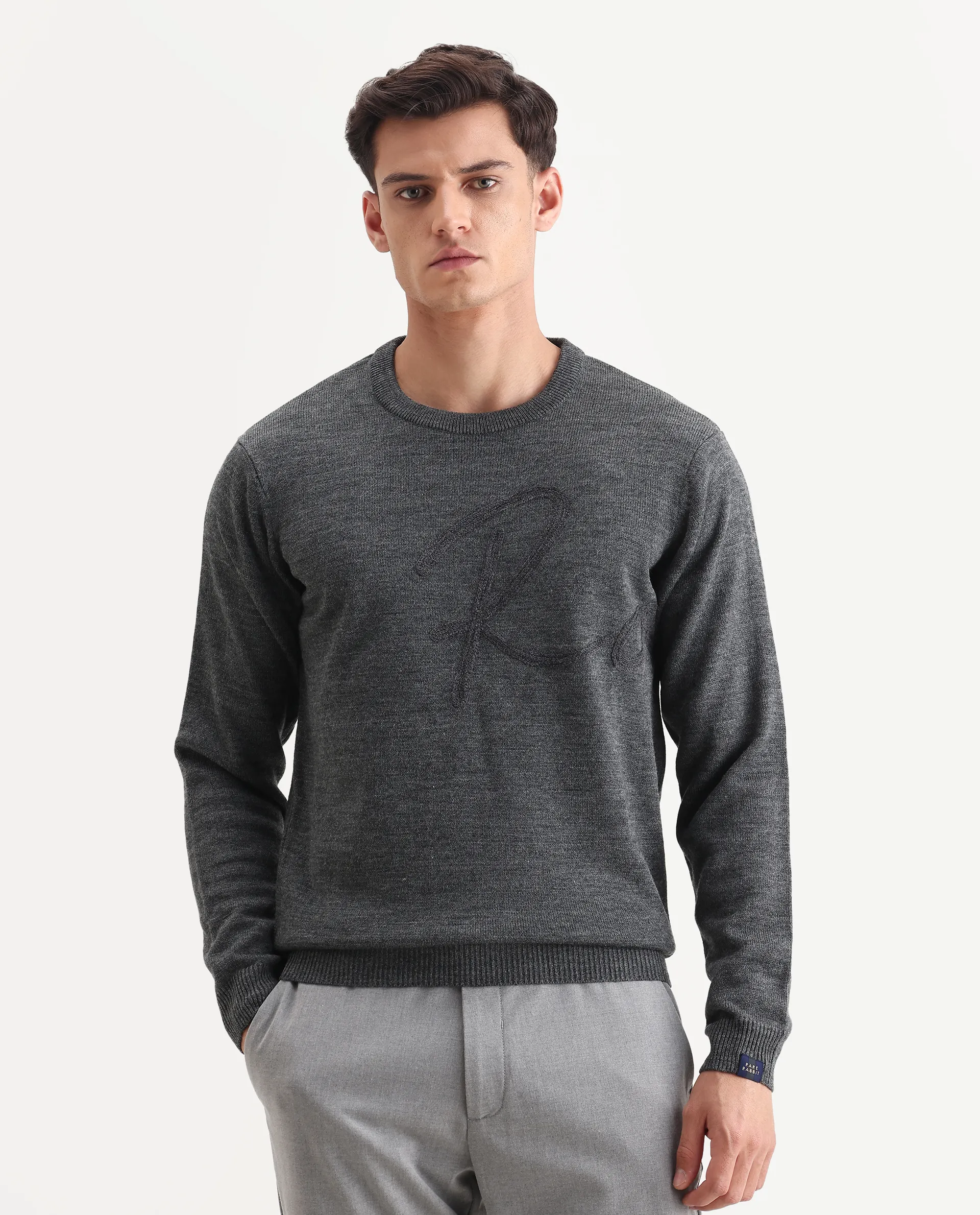 Rare Rabbit Men's Saturno Dusky Grey Acrylic Embroidered Regular Fit Full Sleeve Crew Neck Sweater - Image 4