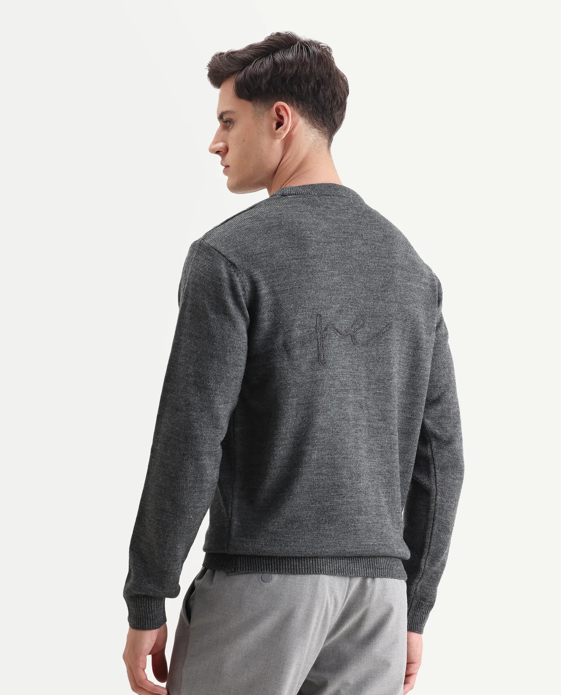 Rare Rabbit Men's Saturno Dusky Grey Acrylic Embroidered Regular Fit Full Sleeve Crew Neck Sweater - Image 7